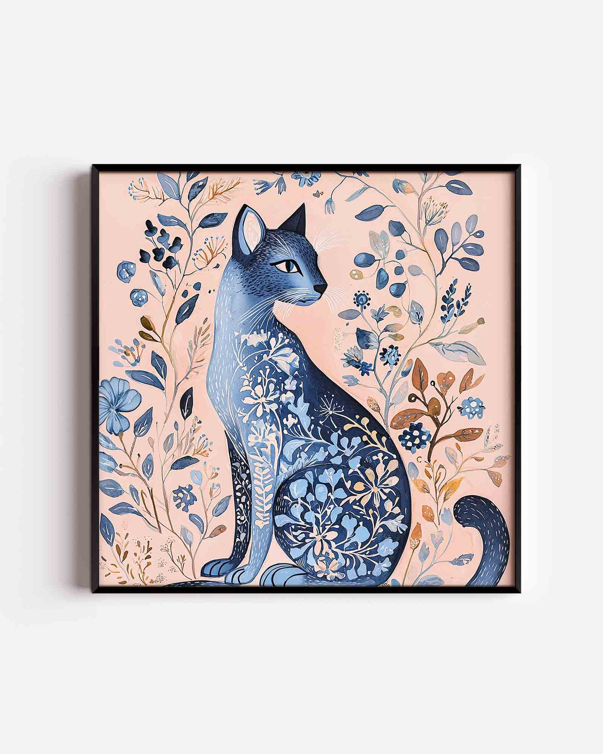 Blauwe kat met bloemen – vierkante dierenposter als wanddecoratie