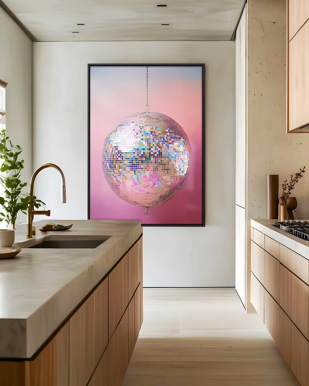 Kleurrijke Discobal op Roze Achtergrond – modern portret kunstwerk van WallArtistic