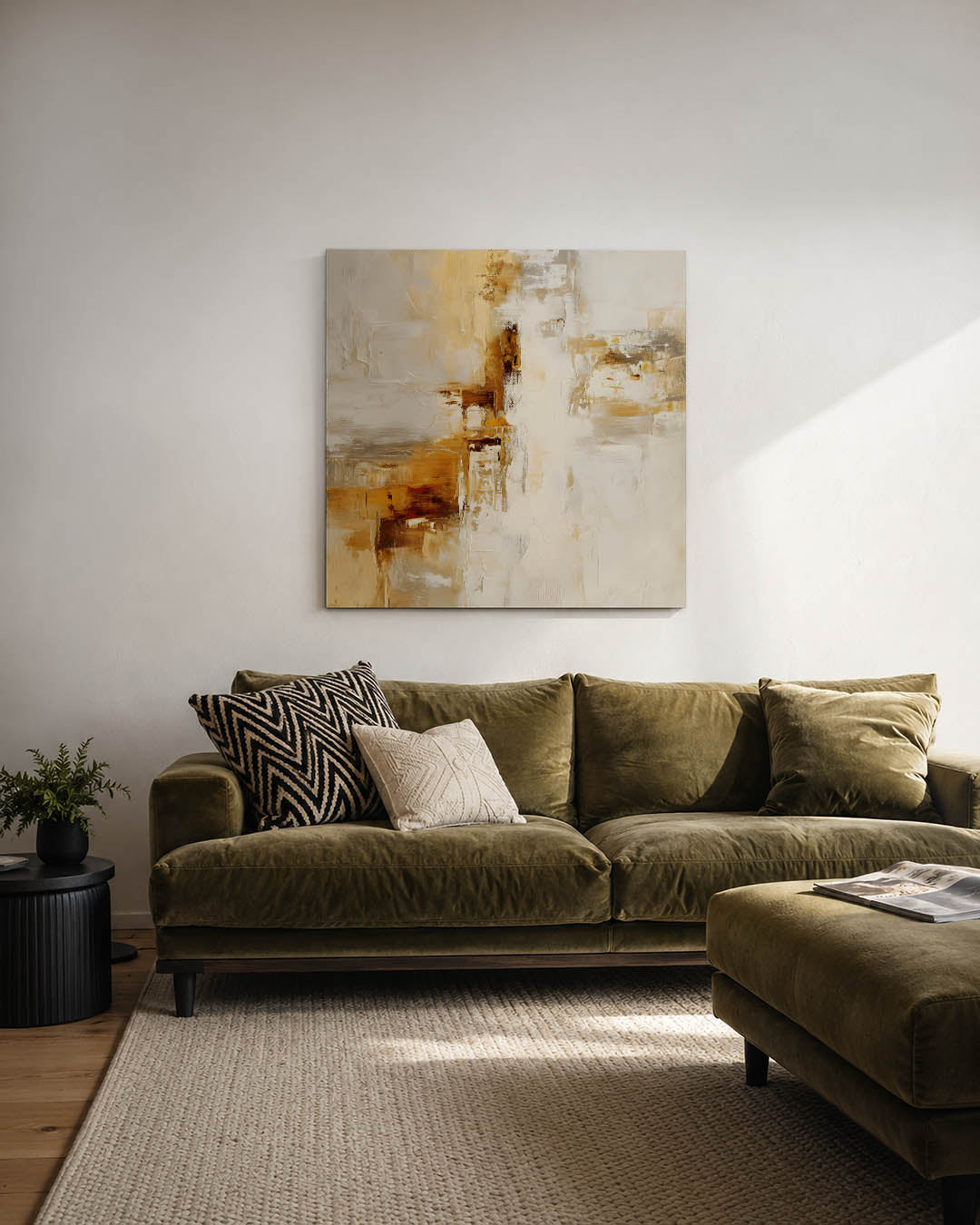 Gelaagde kleurencompositie kunstwerk – derde productweergave – dit werk toont een dynamische mix van beige en bruin, met