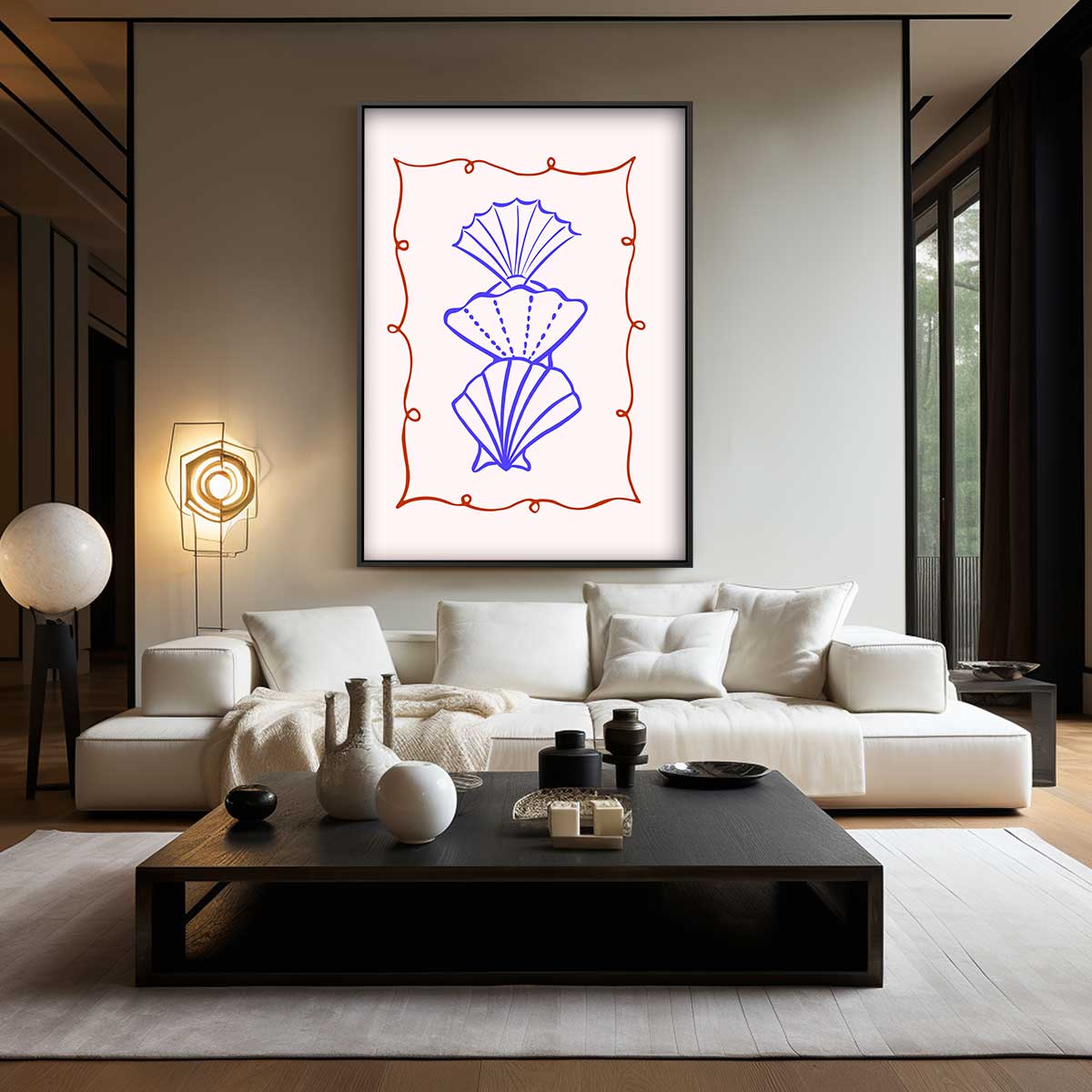 Schelpenspel in Blauw en Oranje – kunstwerk met zwarte baklijst