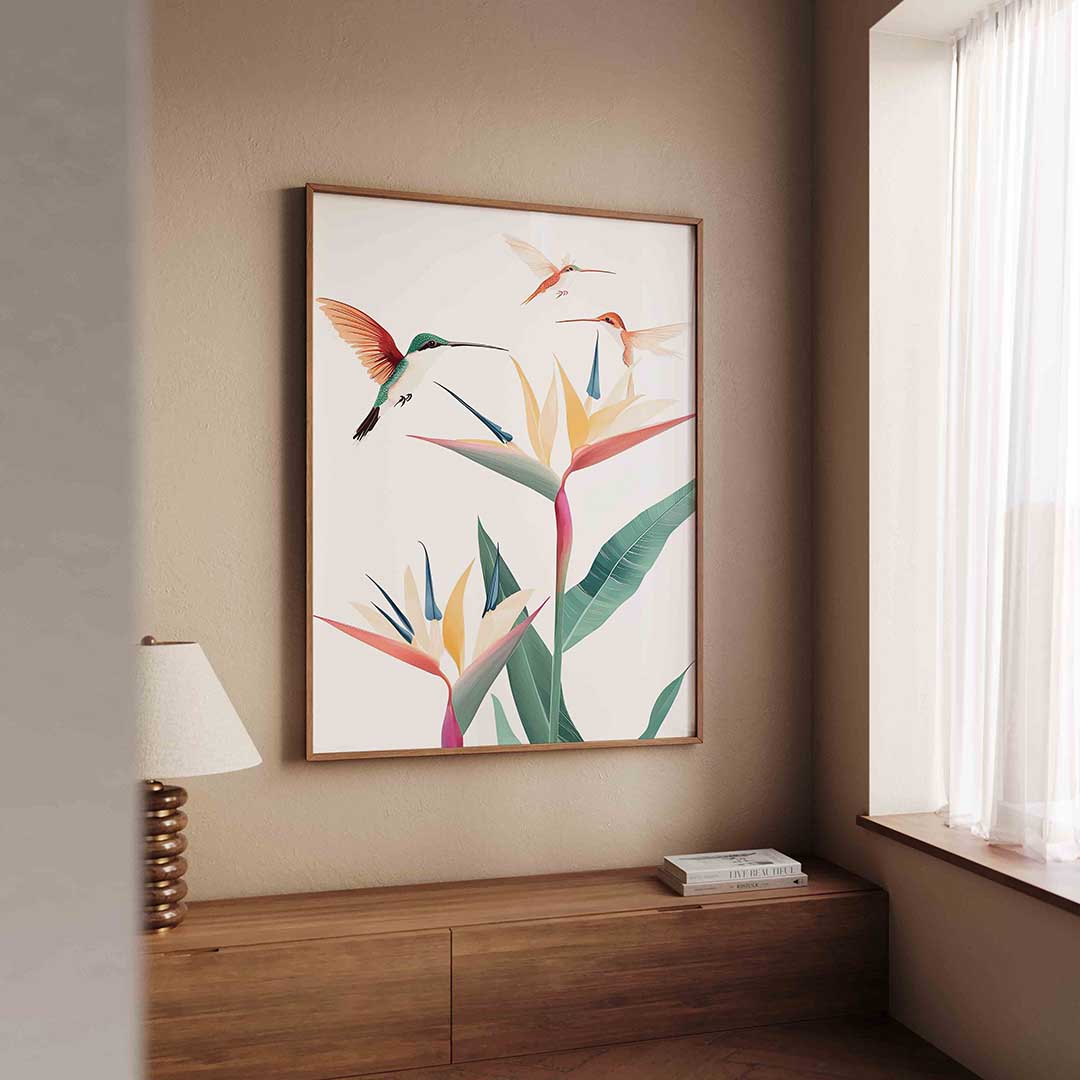 Kolibries en bloemen – tropische wandkunst als portret poster