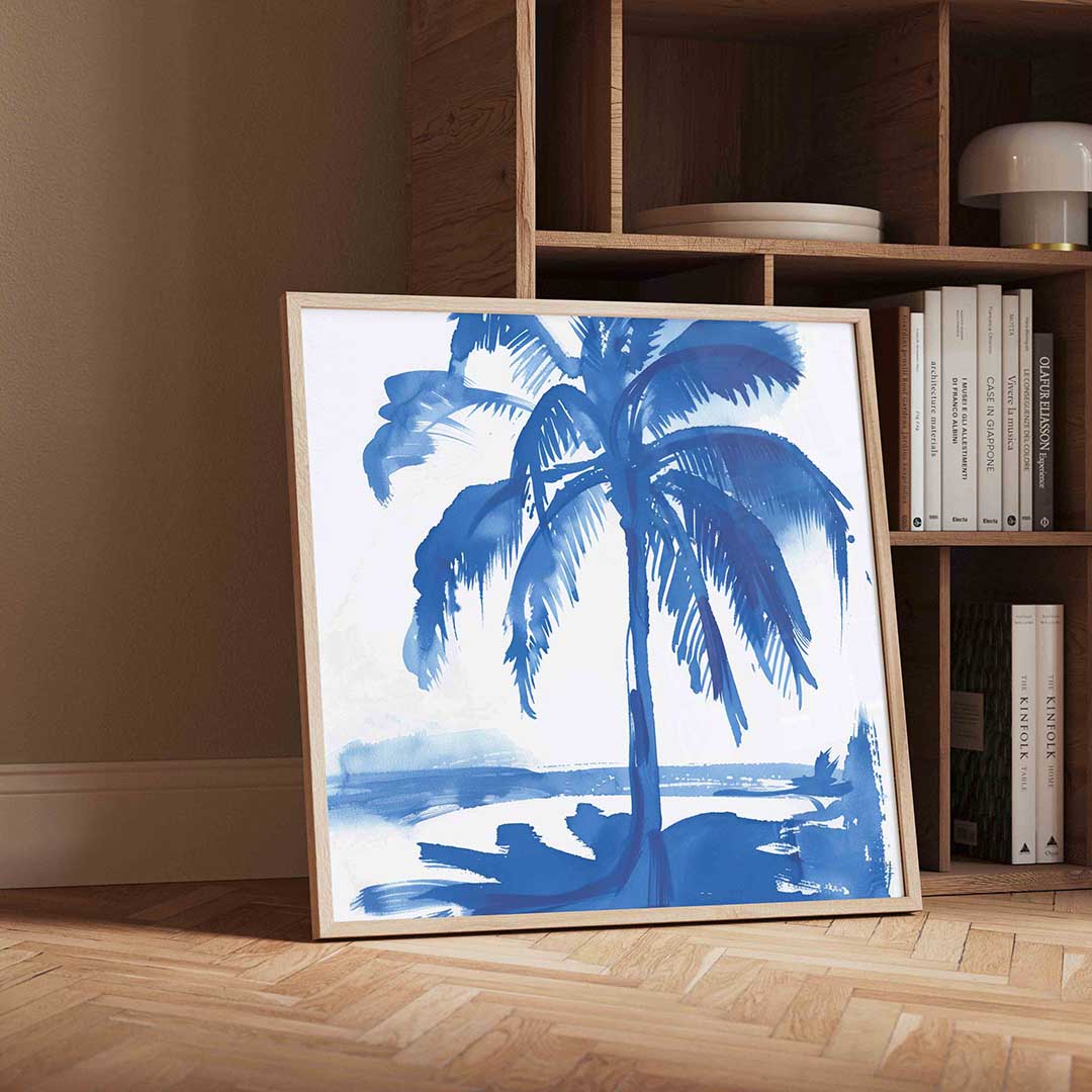 Palmboom aan zee – moderne wandkunst als vierkante poster