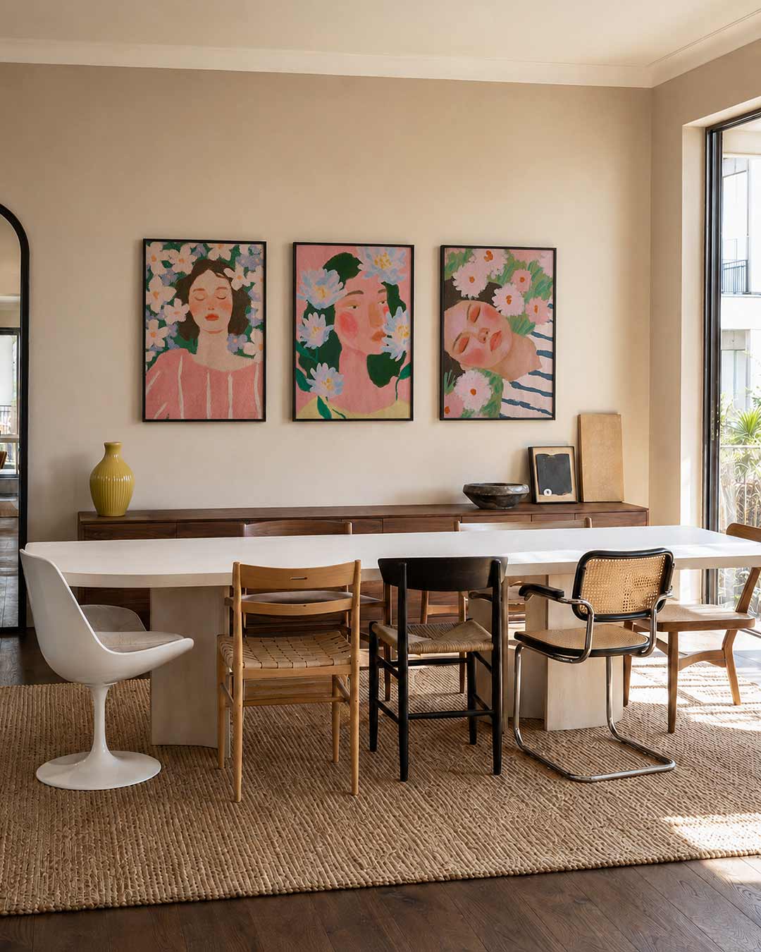 Bloemen en rust driedelige posterset – een vrouw met gesloten ogen, omringd door witte en blauwe