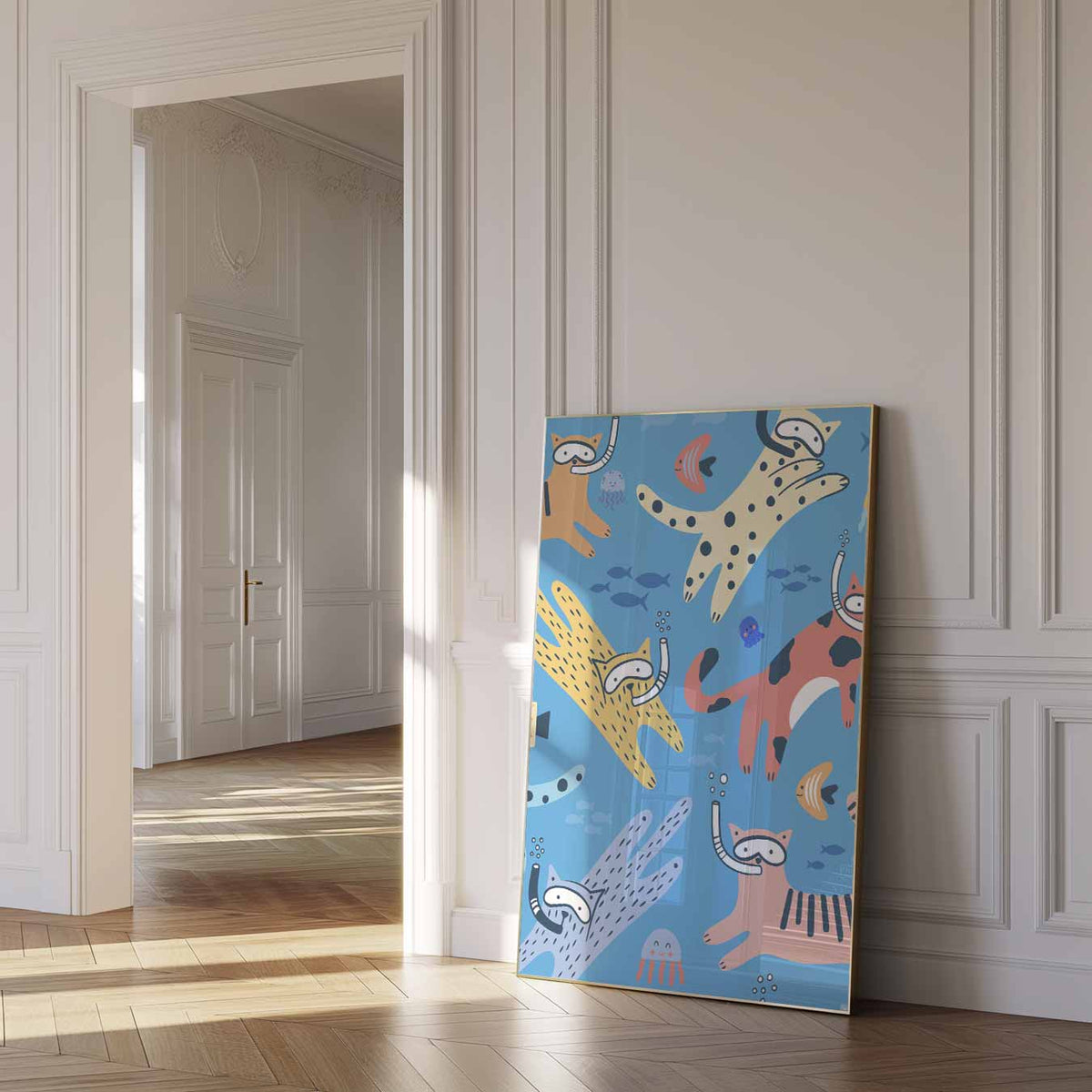 Duikende Katten Illustratie – dierenposter als moderne staande wanddecoratie