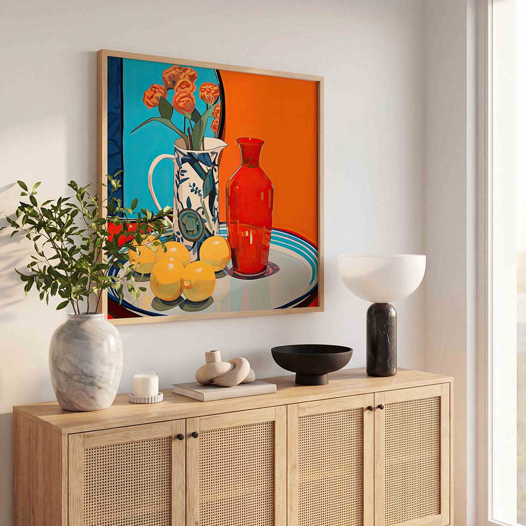 Stilleven met bloemen en vruchten – illustratie poster in vierkant formaat