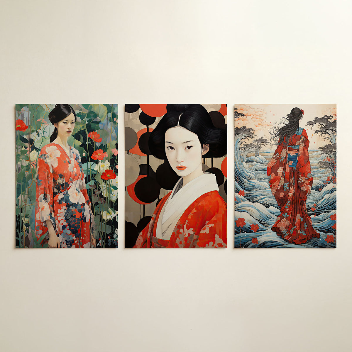 Bloemen en kimono driedelige posterset in interieur