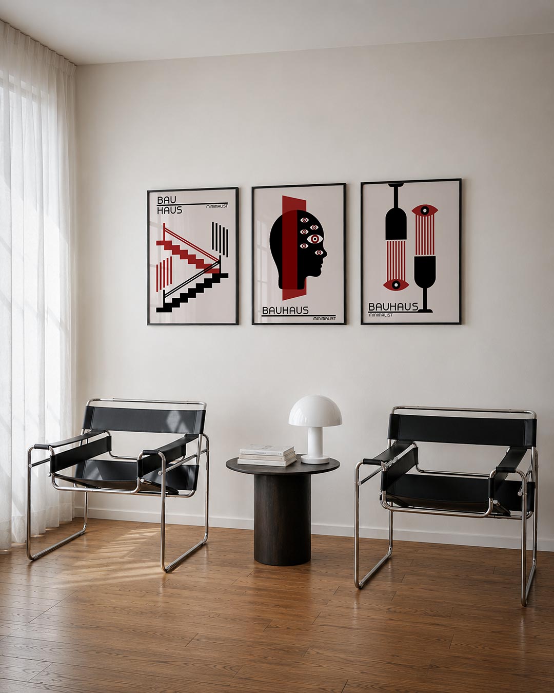 Trapvormen en lijnen driedelige posterset – deze posterset in drie delen toont een spel van rode en zwarte trapvormen met