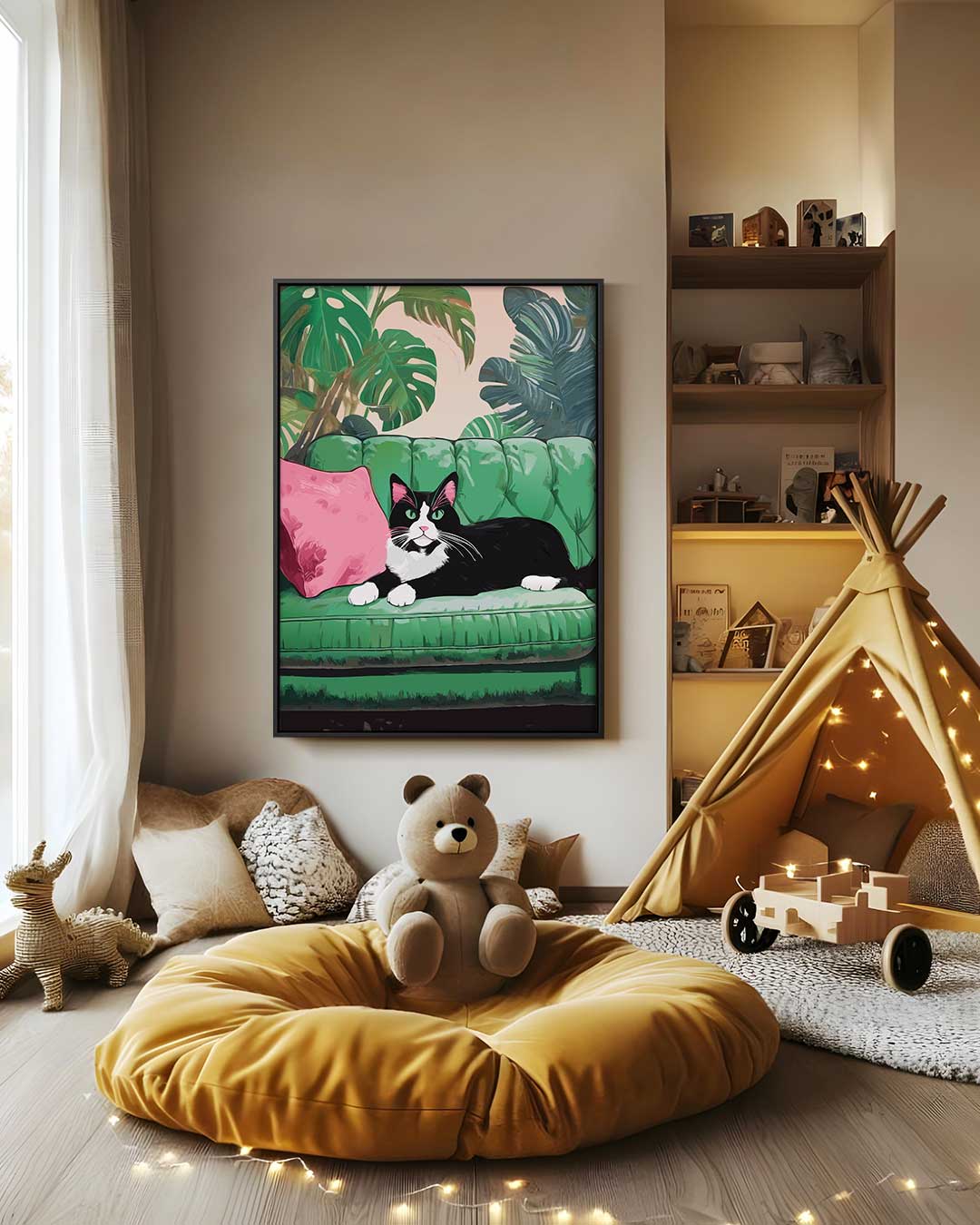 Gatto su divano verde opera d'arte