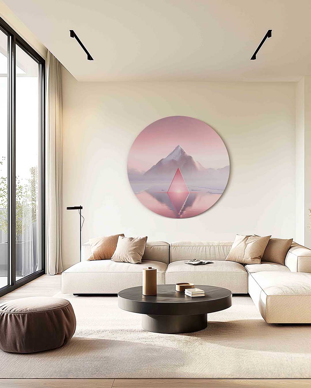 Berglandschap met piramide – kleurrijke illustratie muurcirkel als wanddecoratie