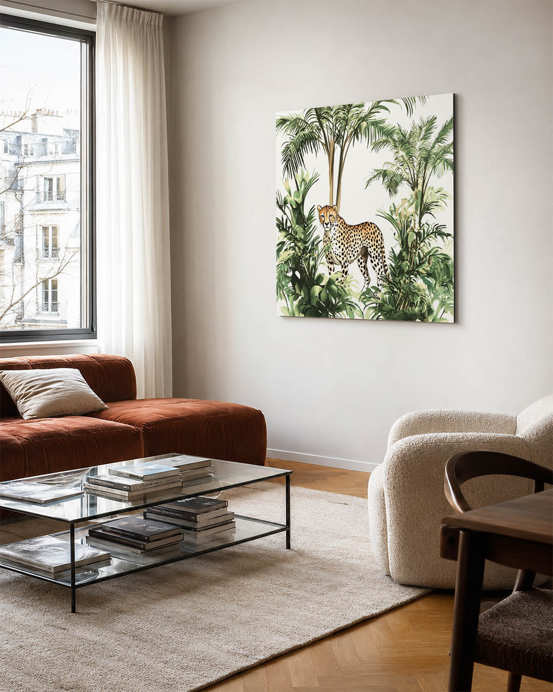 Jungle scène kunstwerk – vierkante wanddecoratie – dit kunstwerk toont een sierlijke cheetah omringd door weelderige groene