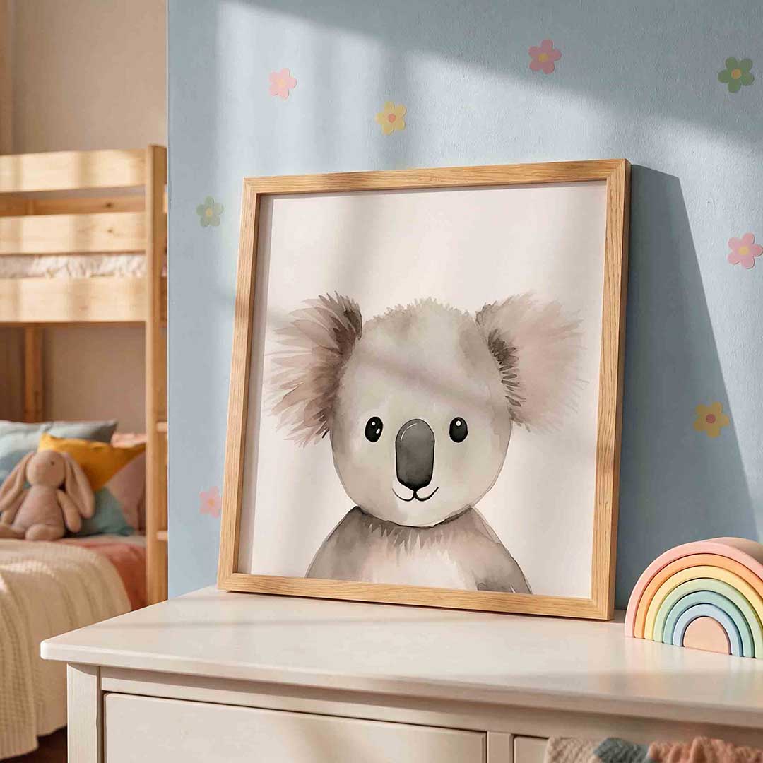 Koala portret – speelse wandkunst als vierkante kinderposter
