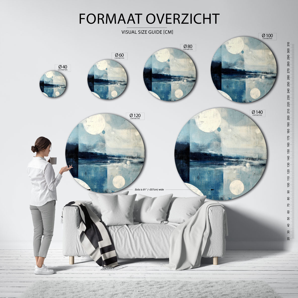 Blauwe cirkels – ronde muurdecoratie met vrouwelijk portret