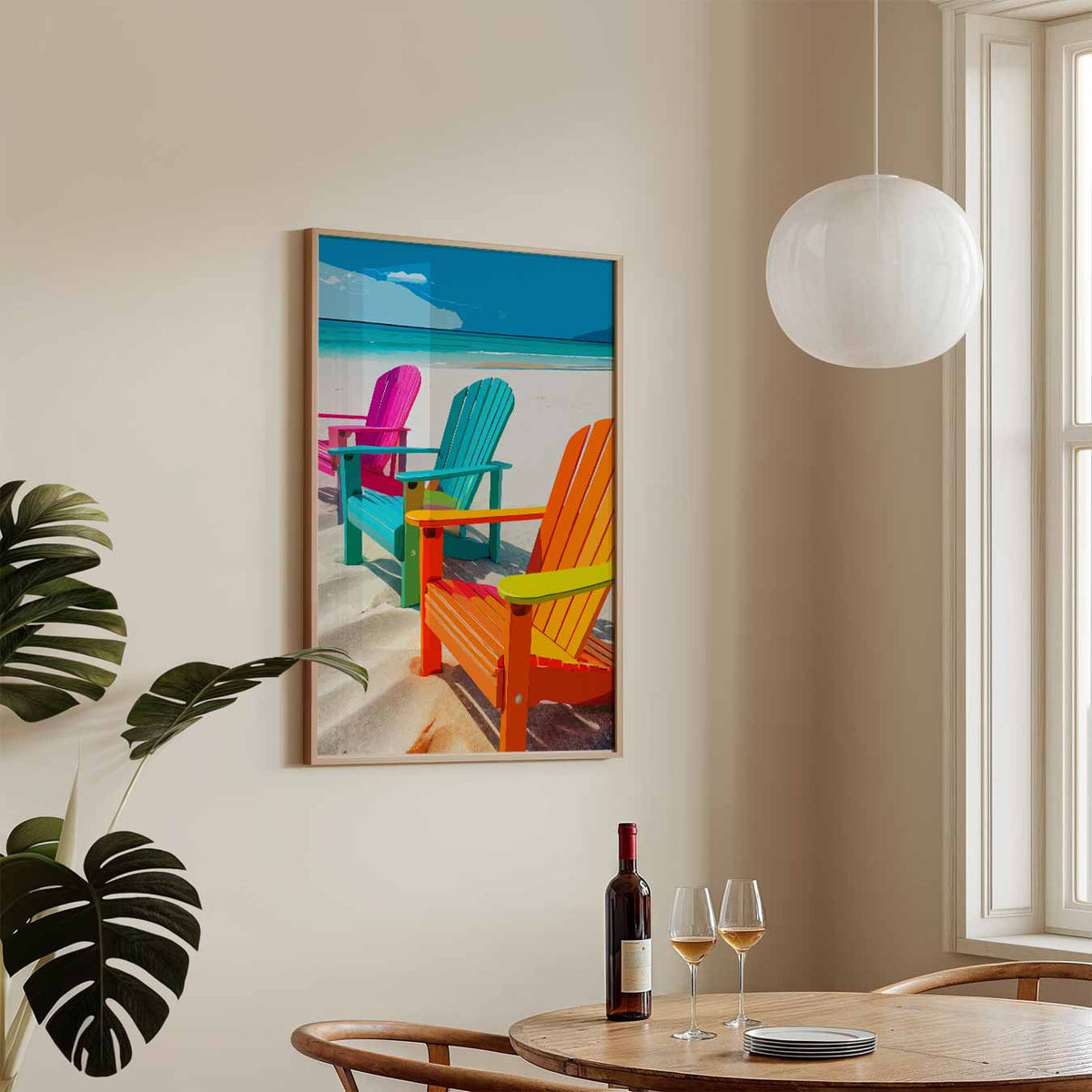 Kleurrijke Strandstoelen – zomerse wandkunst als portret poster