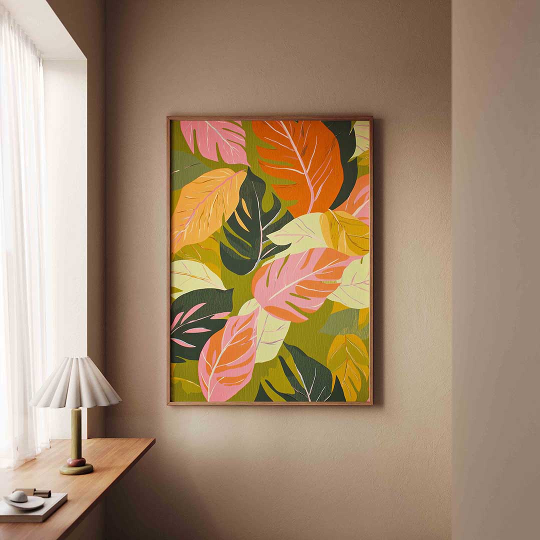 Bladeren in levendige tinten – staande jungle wanddecoratie van WallArtistic