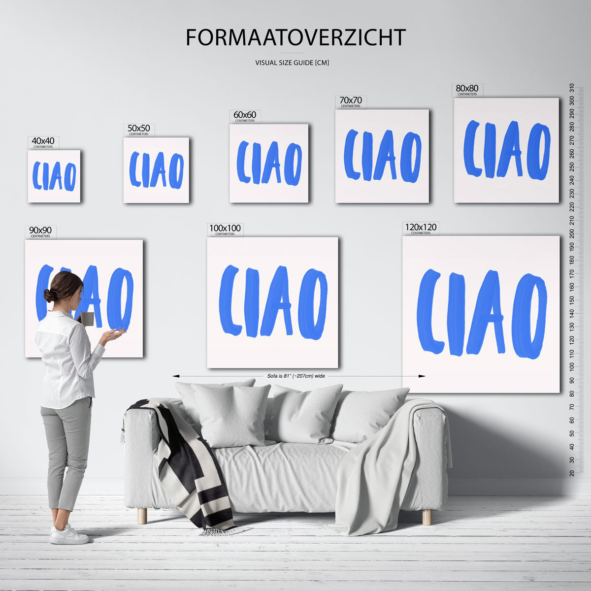 Ciao blauwe tekst – vierkante muurposter met kleurrijke vormen
