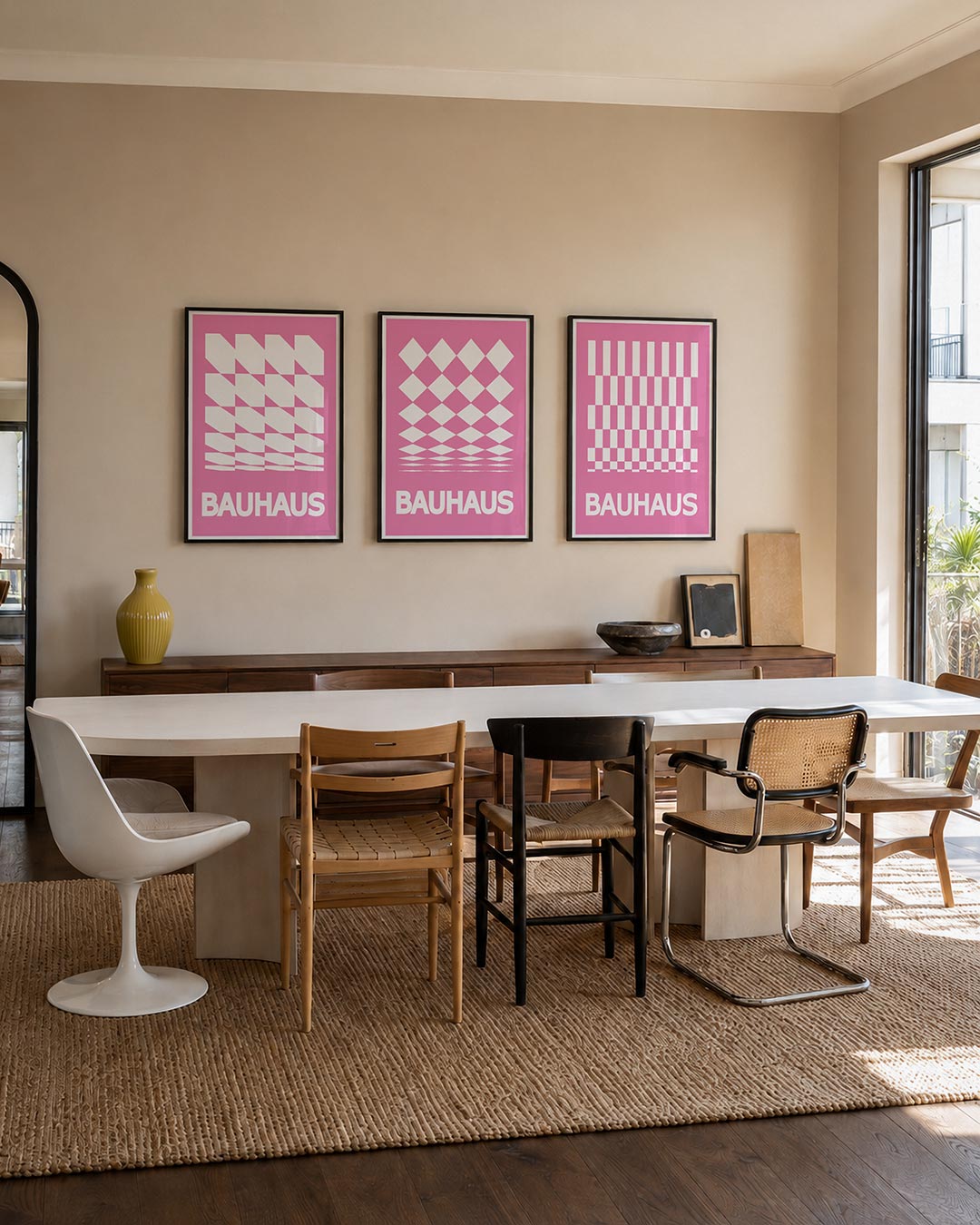 Vorm en kleur driedelige posterset – deze posterset in drie delen toont een ritmisch lijnenspel van witte geometrische vormen