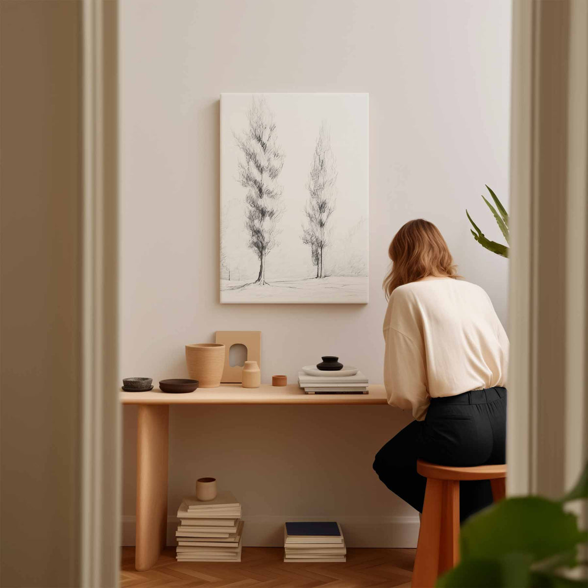 Potloodschets van Cipressen – canvas kunstwerk als wanddecoratie