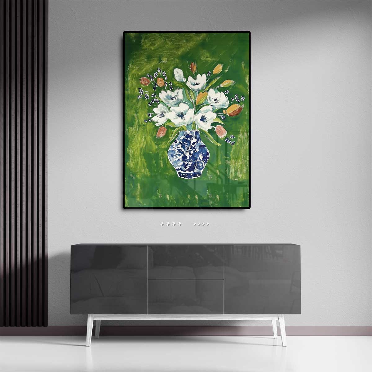 Bloemenpracht in Blauwe Vaas – staande wandkunst voor woonkamer of interieur