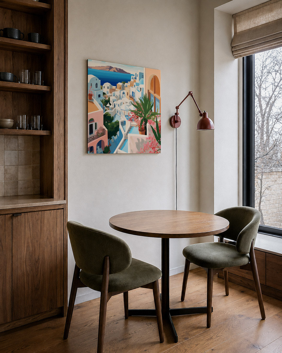Mediterraans dorp kunstwerk – derde productweergave – dit kunstwerk toont een zonnig dorp met witte gebouwen en blauwe daken