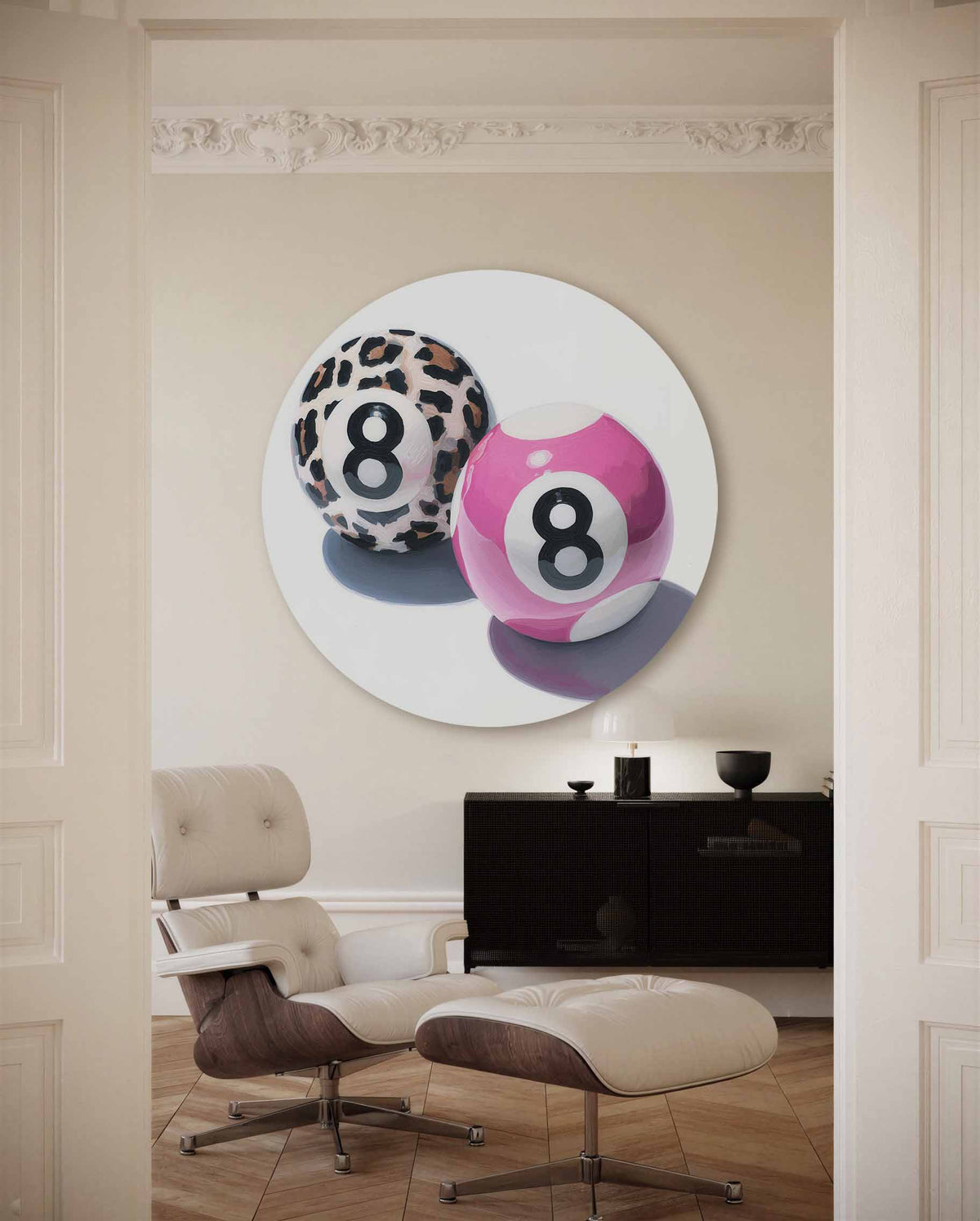 Biljartballen met nummer 8 – kleurrijke Pop Art muurcirkel voor aan de muur
