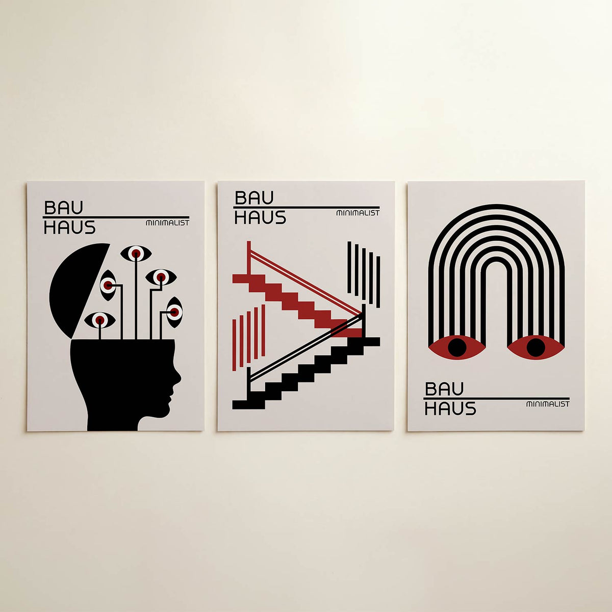Ooglijnenspel posterset – detailweergave – een silhouet met lijnen die naar ogen leiden. Zwart, wit en rood creëren een sterk