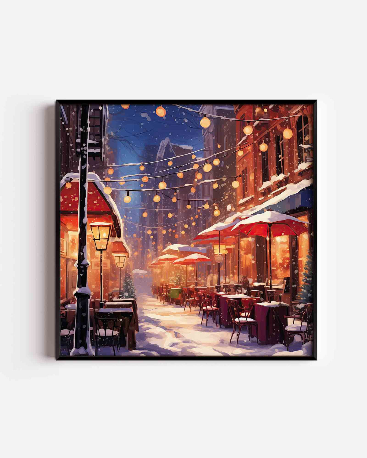 Sneeuwstraat met lichten – kerst vierkante poster als wanddecoratie