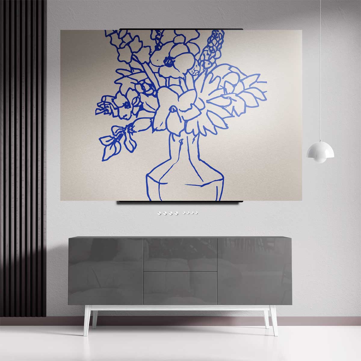 Blaauw Lijnenspel Bloemen – staande wandkunst voor woonkamer of interieur