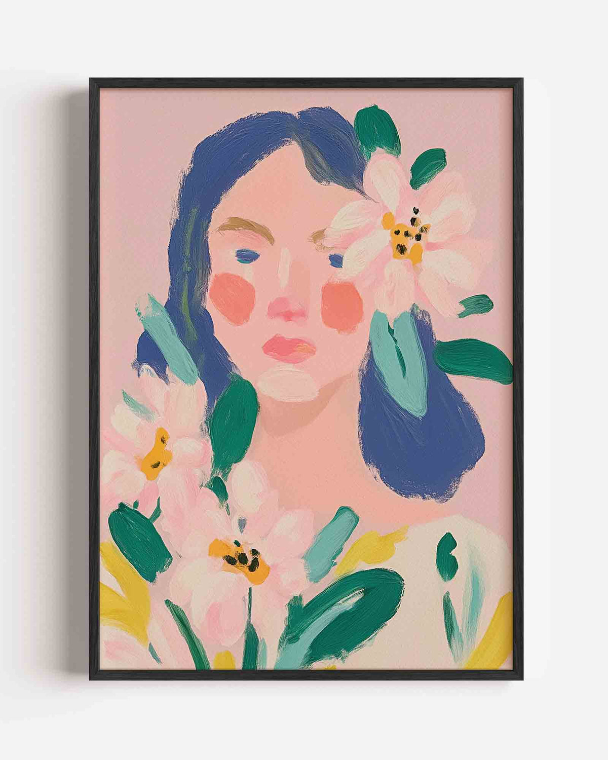 Bloemen en gezicht – pastel portret poster als wanddecoratie