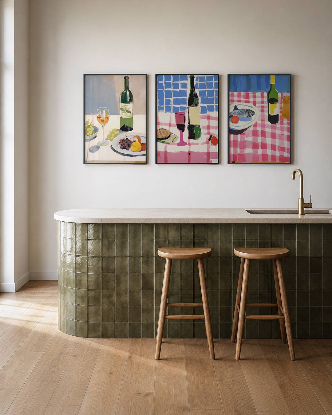 Fruit en wijn posterset – tweede productweergave – een fles wijn en glas met fruit op een tafel
