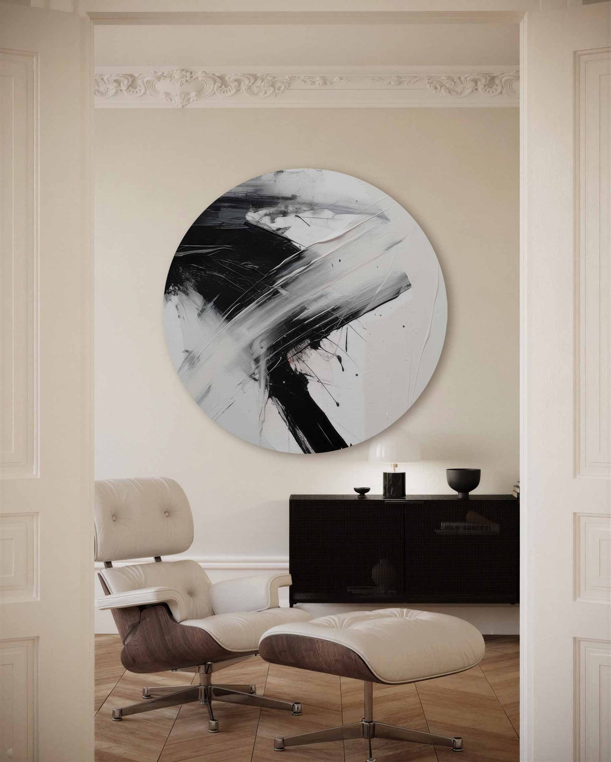 Abstracte zwart wit – illustratie muurcirkel als ronde muurdecoratie
