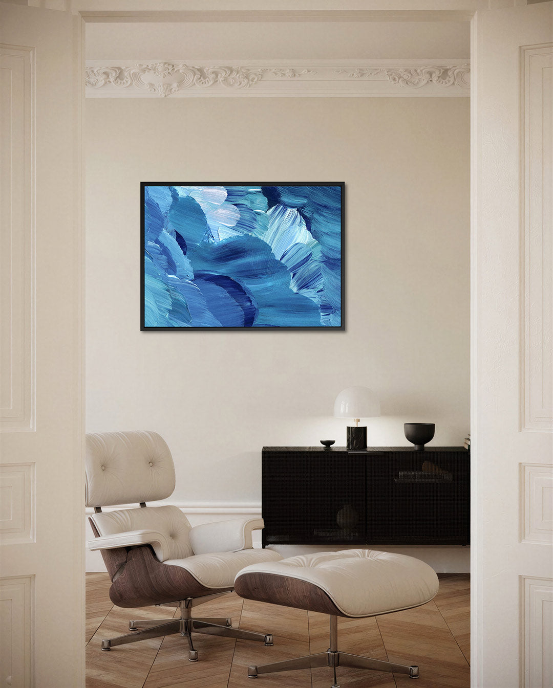 Golvende blauwe bewegingen – Blauw – liggende wanddecoratie