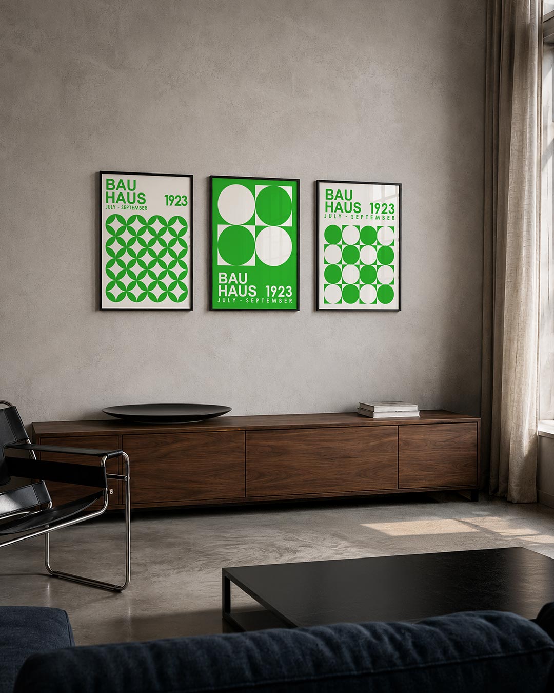 Groene cirkelpatronen driedelige posterset – deze posterset in drie delen toont een herhaling van groene cirkelvormen op een
