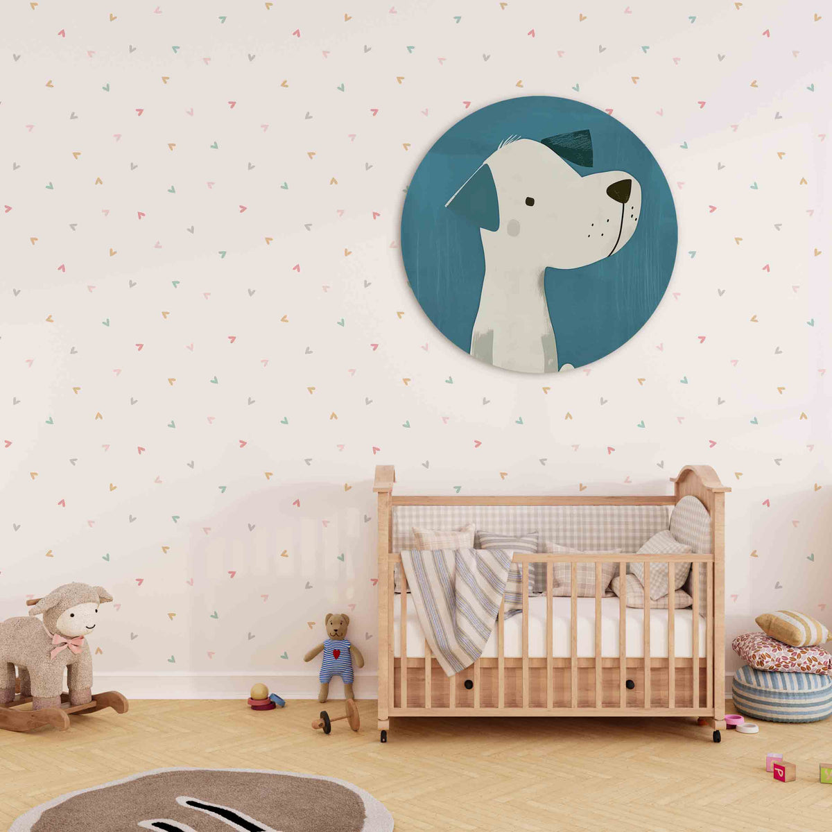 Hond met blauwe achtergrond Muurcirkel – derde productweergave – Een witte hond met blauwe oren en een zwarte neus tegen een