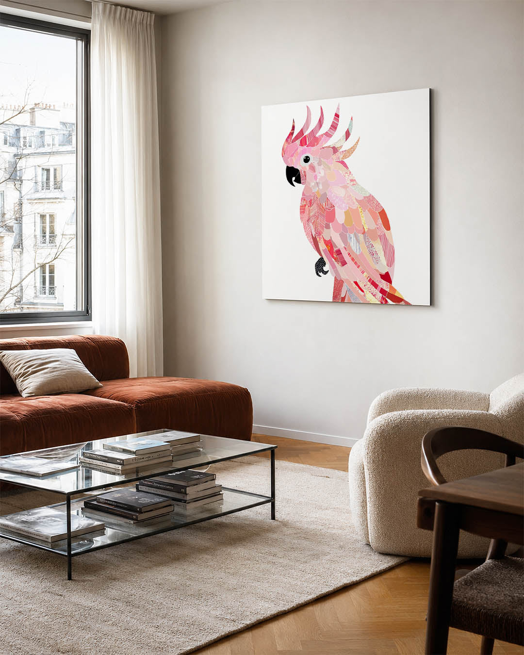 Vrolijke vogel collage kunstwerk – vierkante wanddecoratie – dit kunstwerk toont een kleurrijke vogel opgebouwd uit diverse
