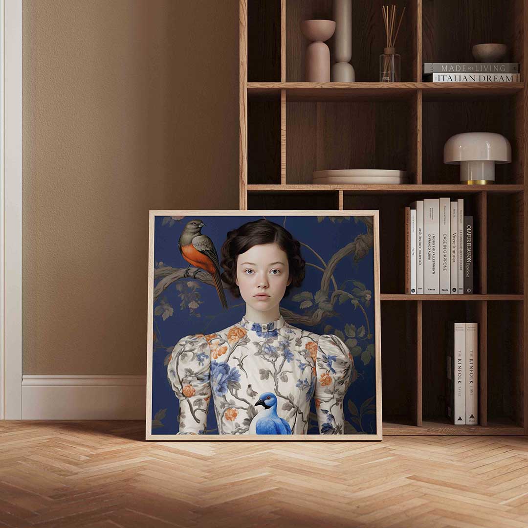 Meisje met vogels – vierkante design wanddecoratie van WallArtistic