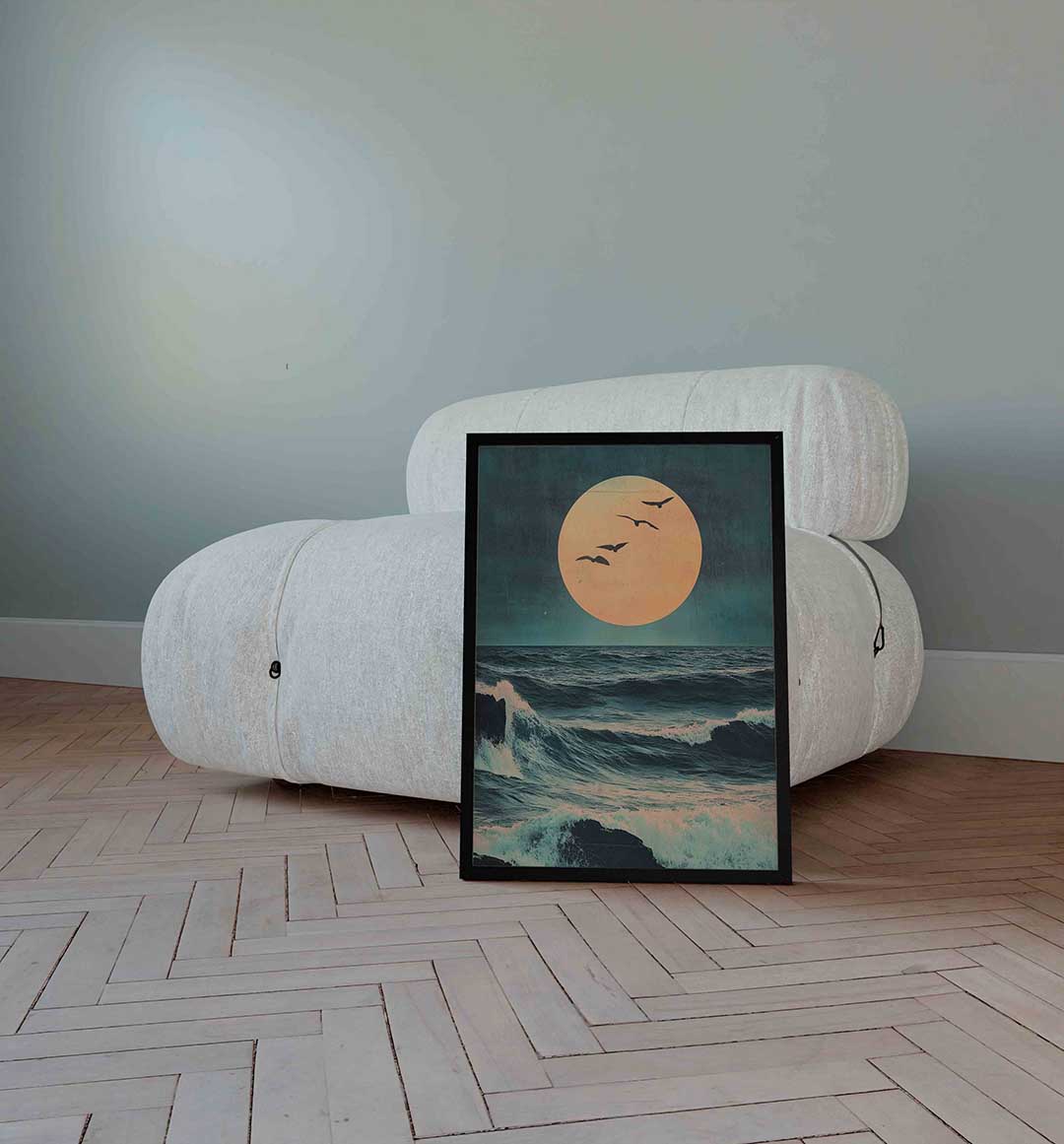 Vogels boven oceaan – surrealistische wandkunst als portret poster