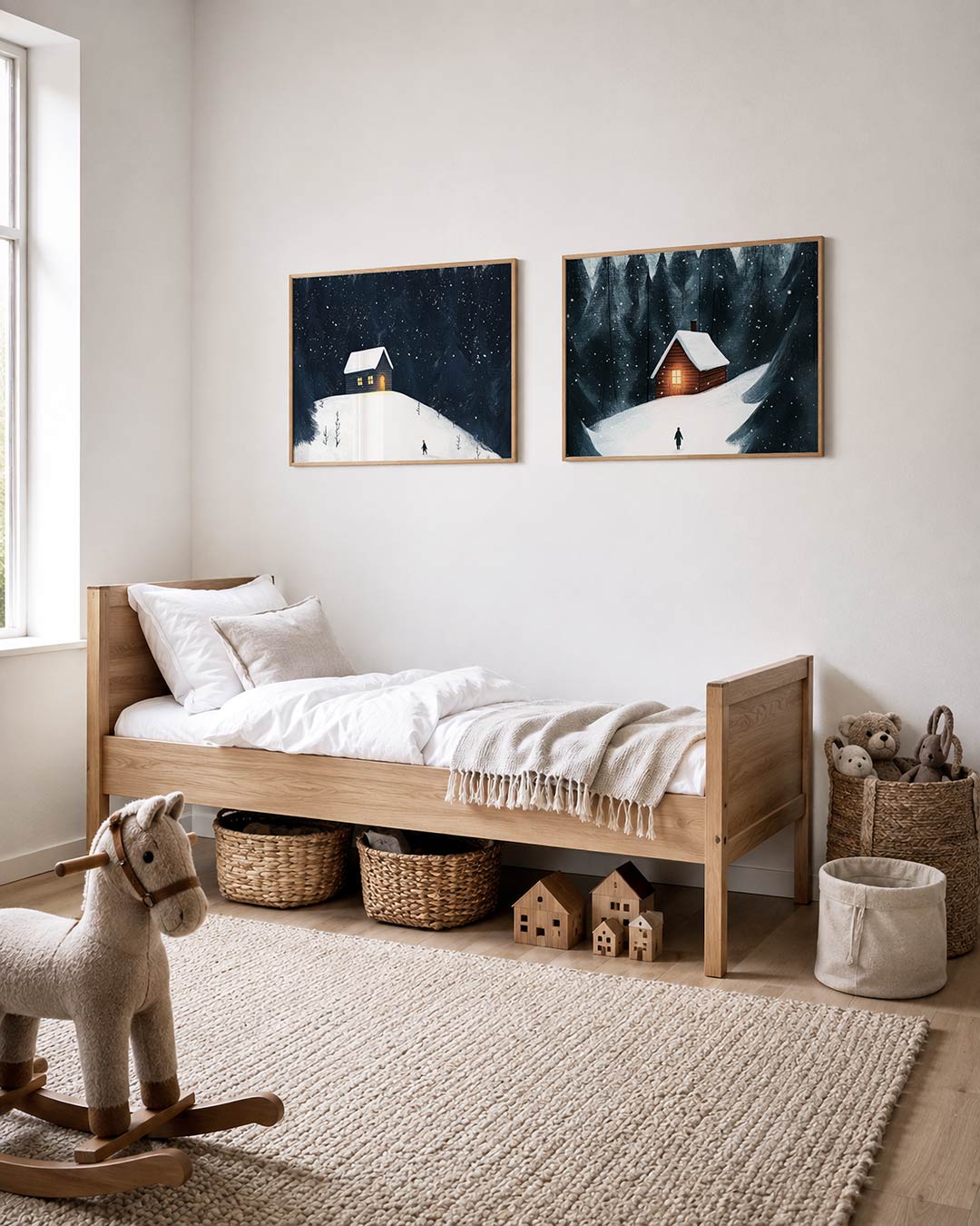 Twee liggende posters met een eenzaam huisje straalt warm licht uit, aan de muur in een interieur