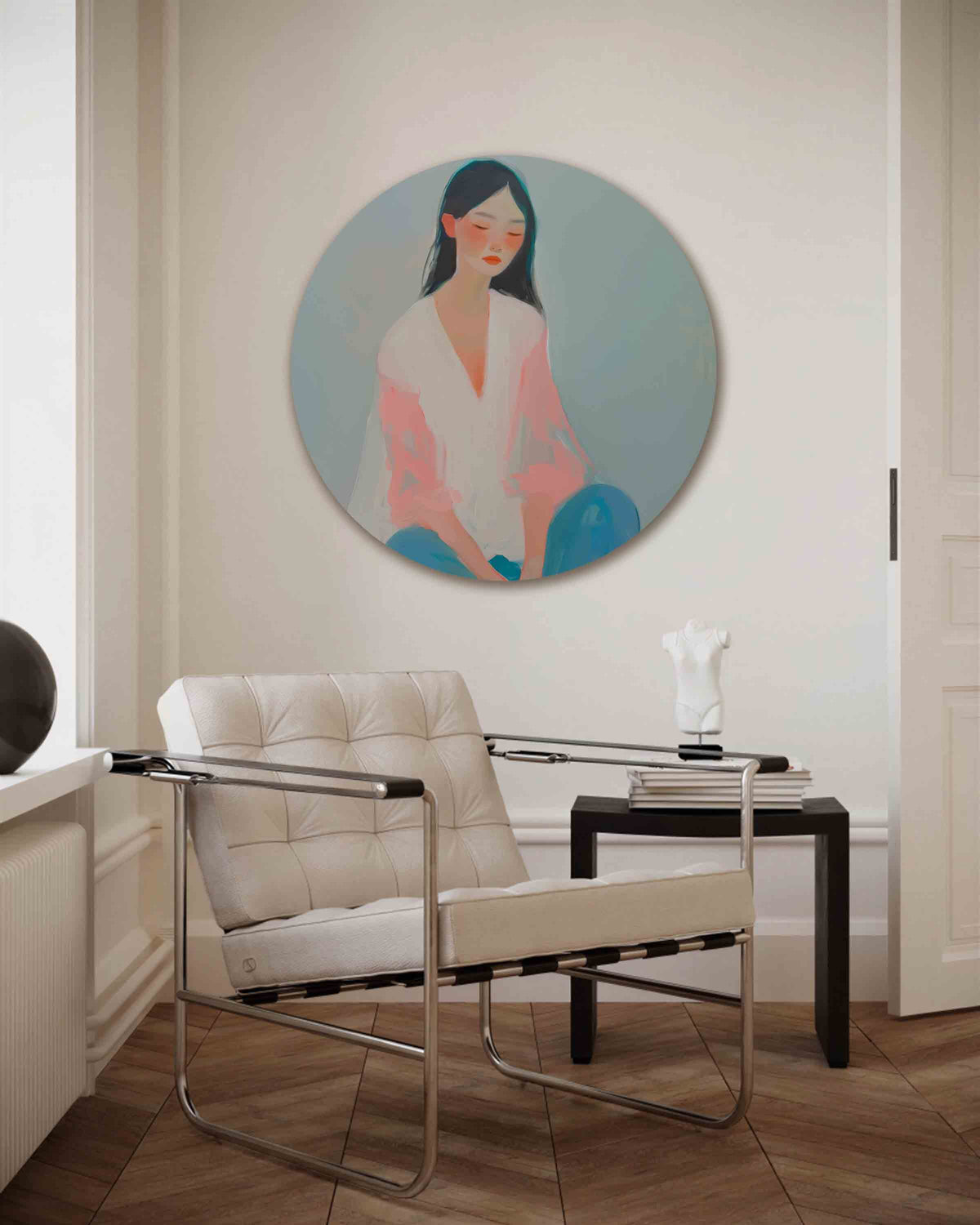 Vrouw in pastel – kleurrijke muurcirkel als ronde wanddecoratie
