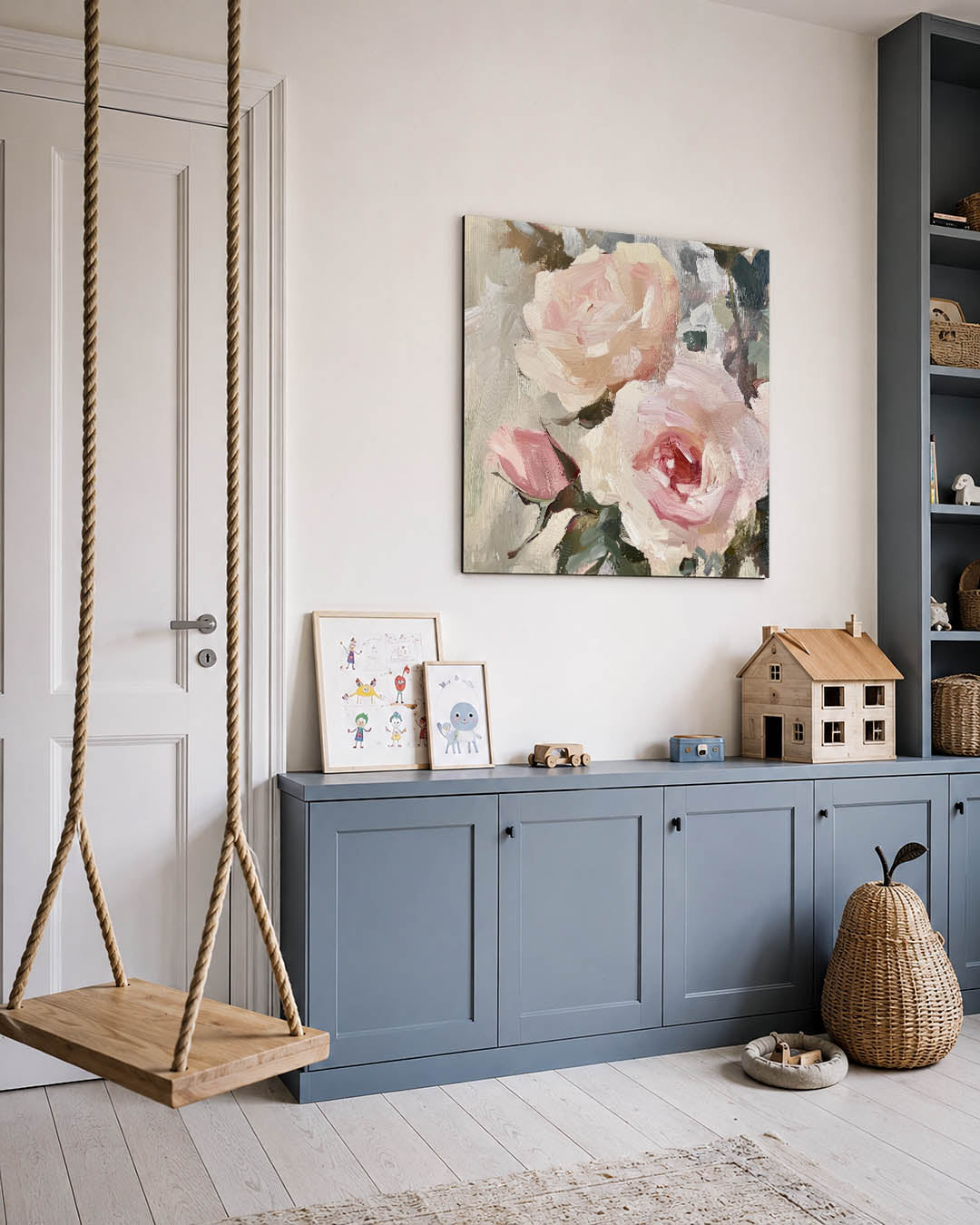 Bloemrijke penseelstreken kunstwerk – vierkante wanddecoratie – dit werk toont zachte penseelstreken die delicate bloemen