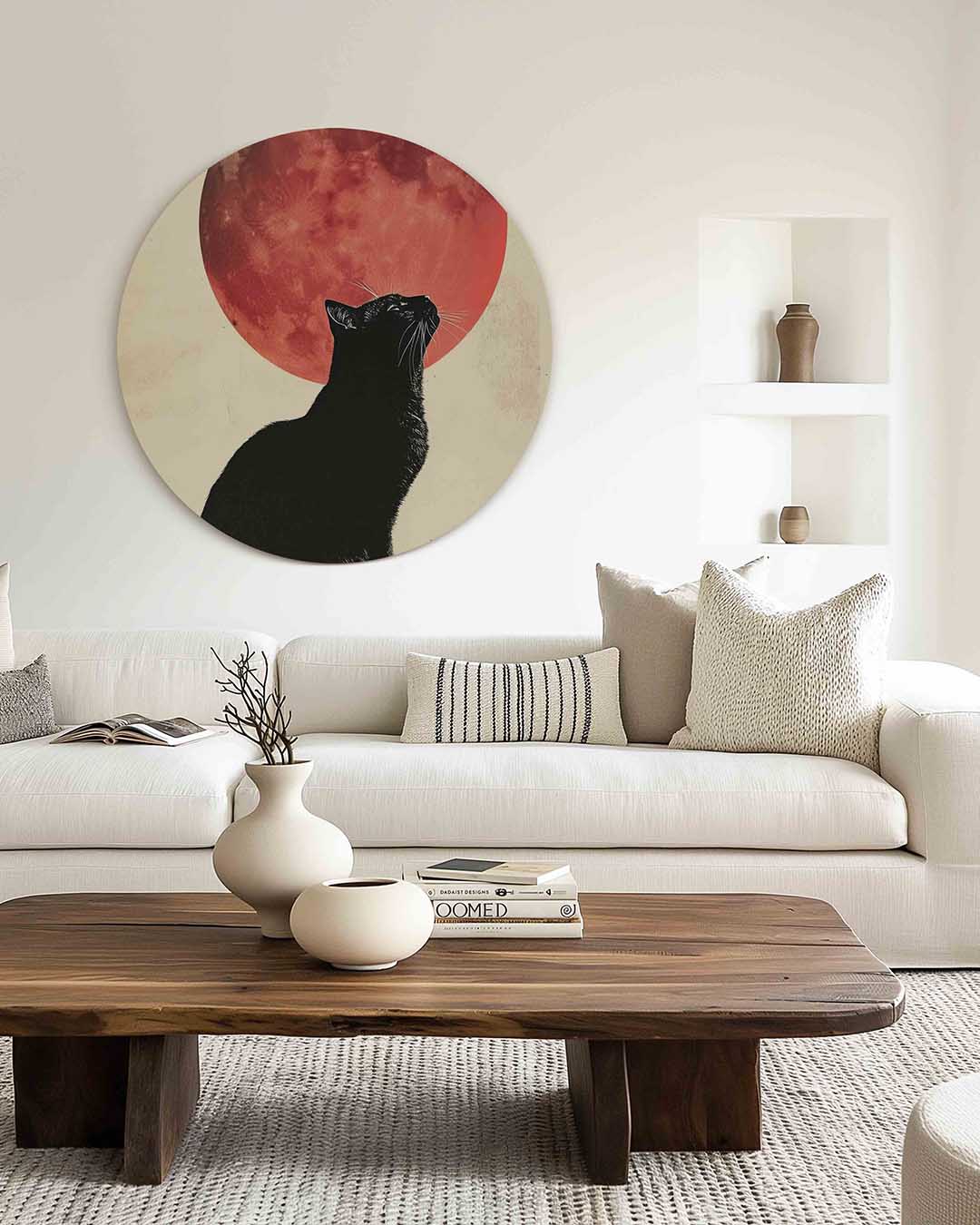 Zwarte kat en rode maan – illustratie muurcirkel als ronde muurdecoratie