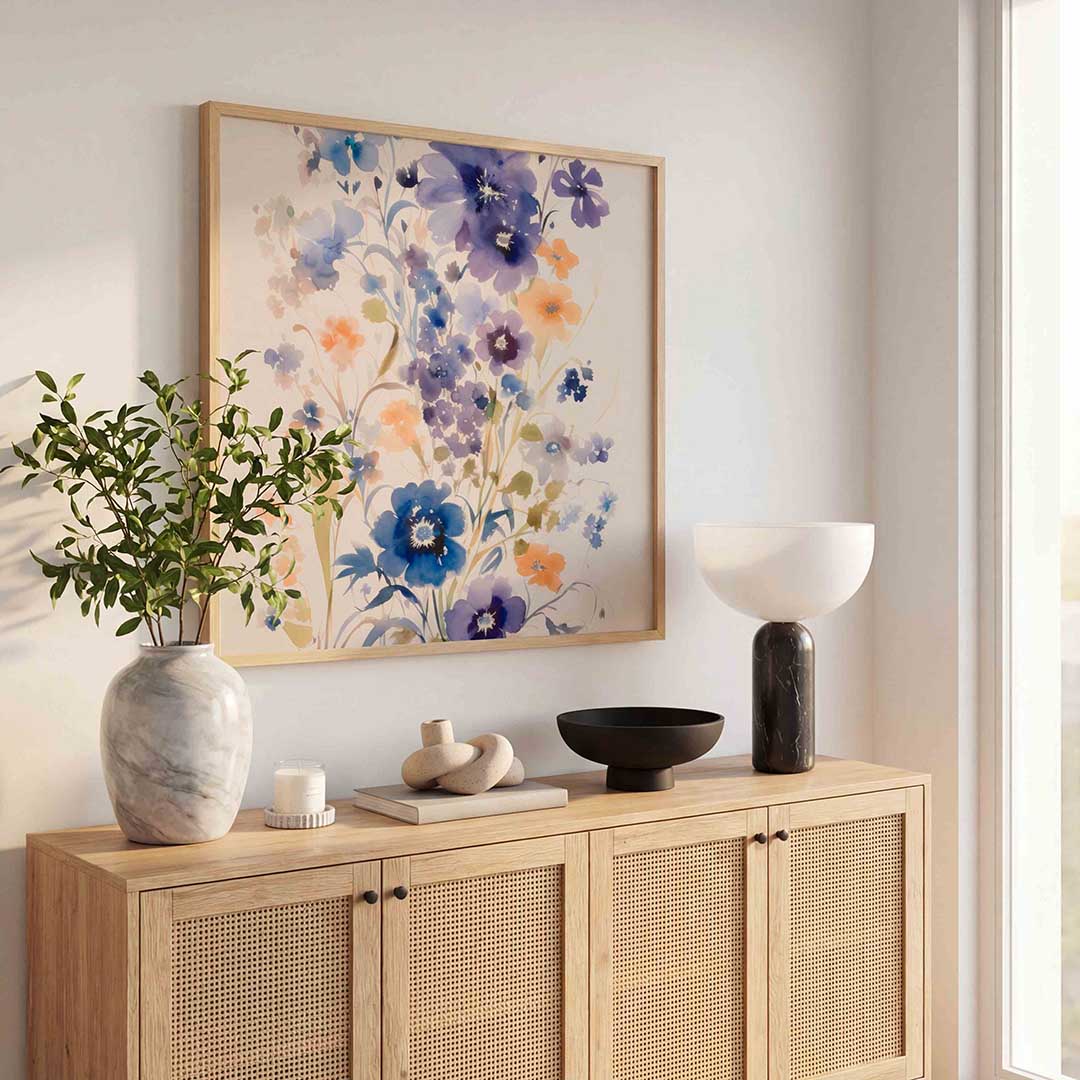Bloemen in blauw en oranje – illustratie poster in vierkant formaat