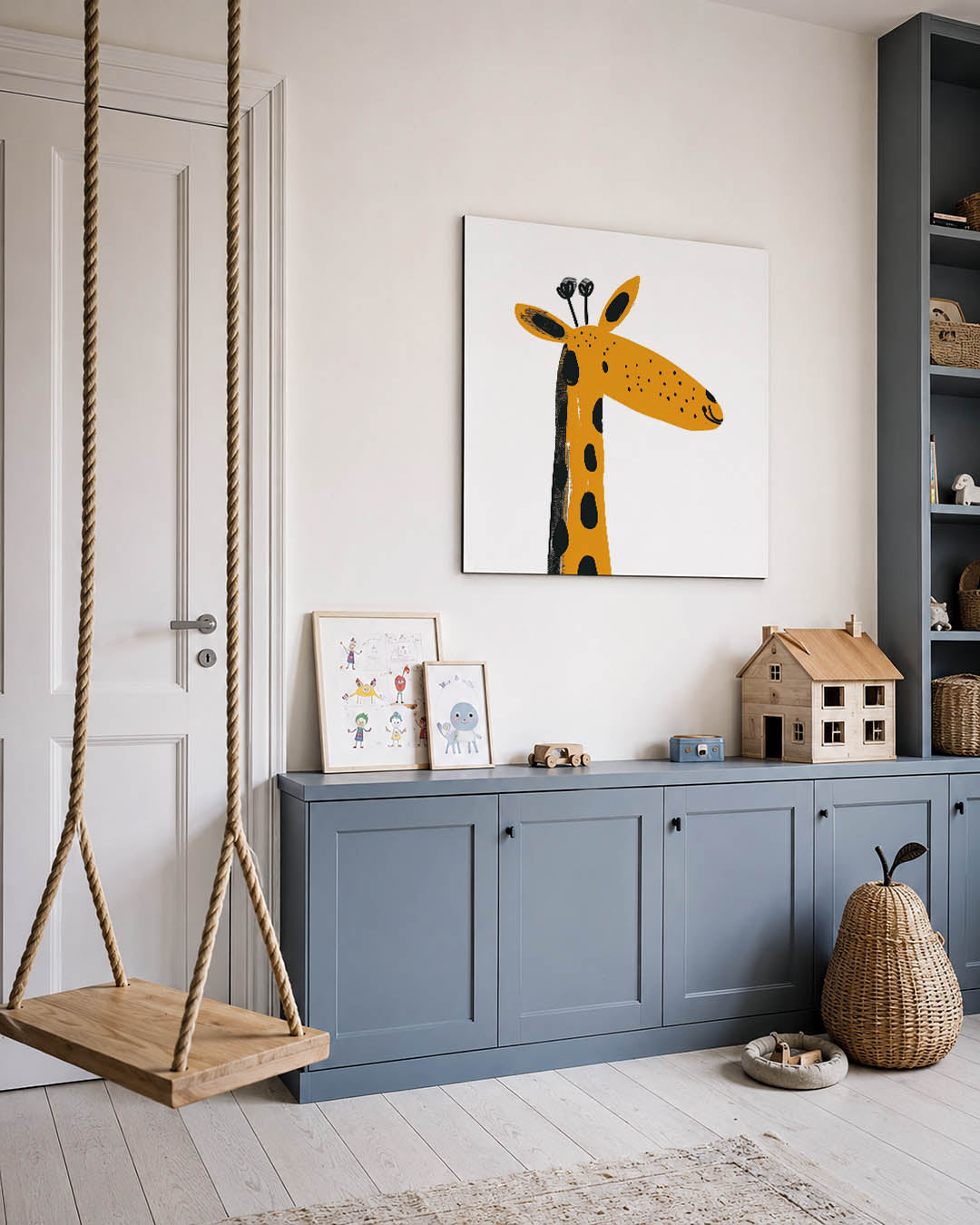 Vrolijke giraffe illustratie kunstwerk – vierkante wanddecoratie – dit kunstwerk toont een speelse giraffe met een lange nek