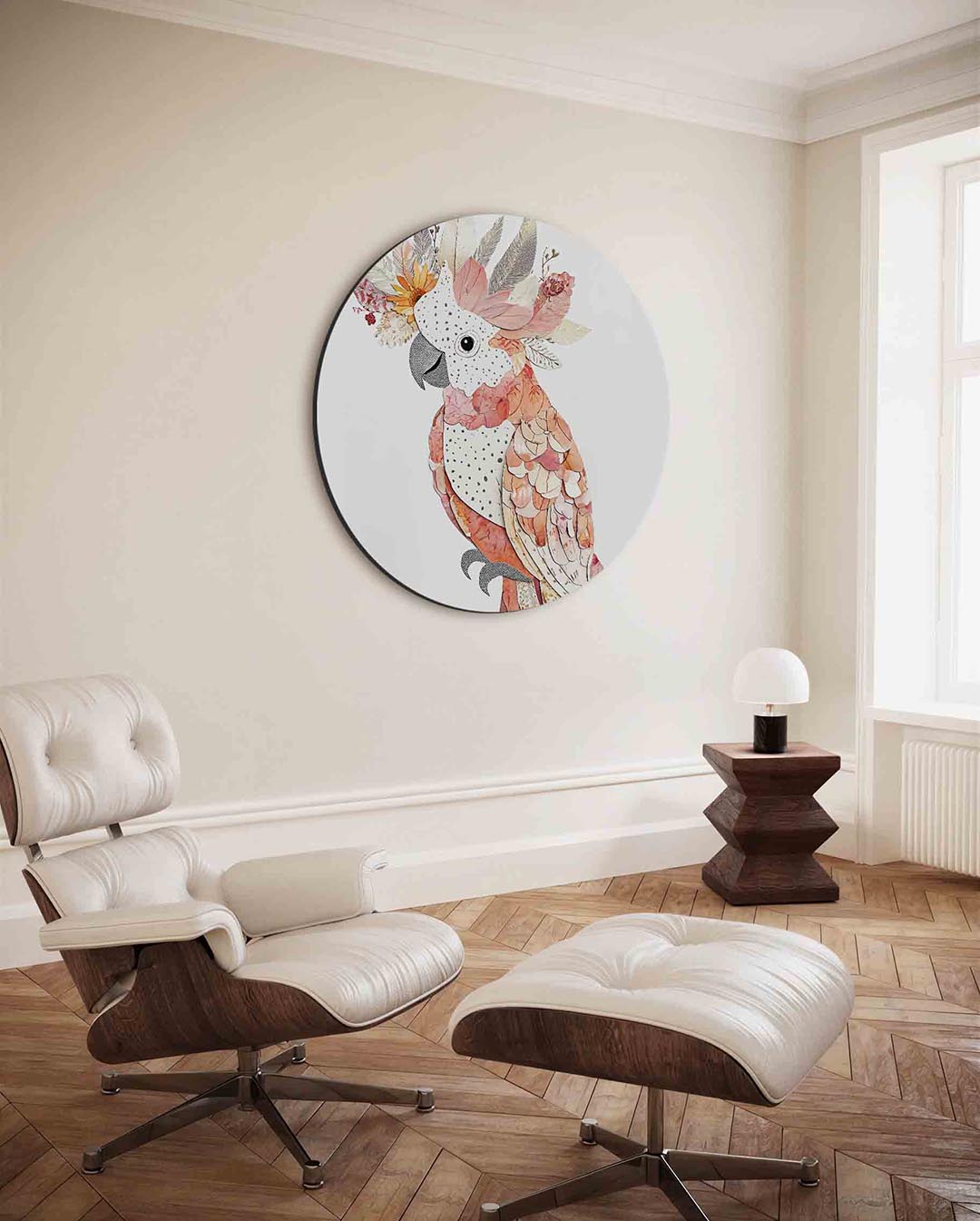 Papegaai met bloemen – kleurrijke ronde wanddecoratie van WallArtistic