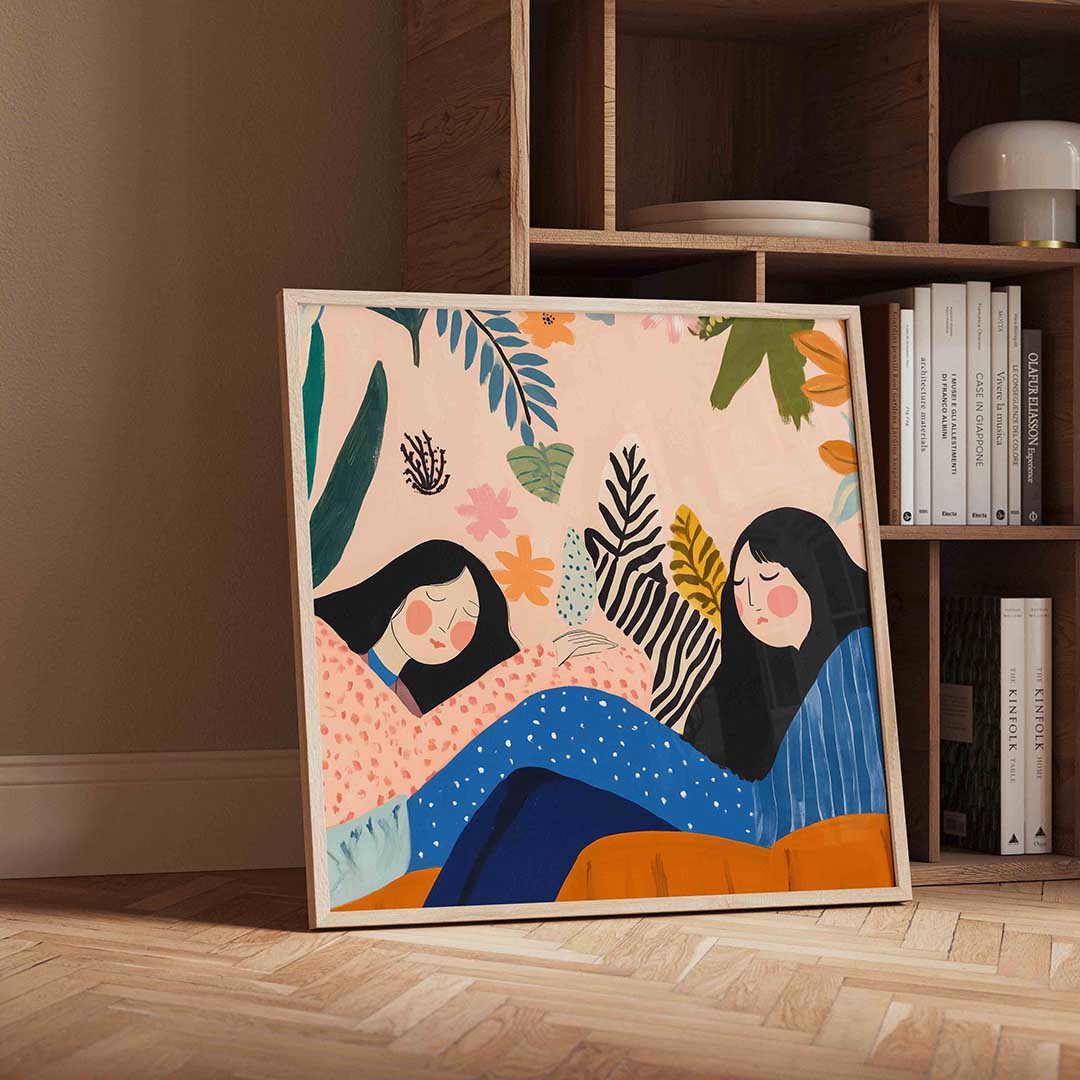 Twee figuren met bladeren – vierkante moderne wanddecoratie van WallArtistic