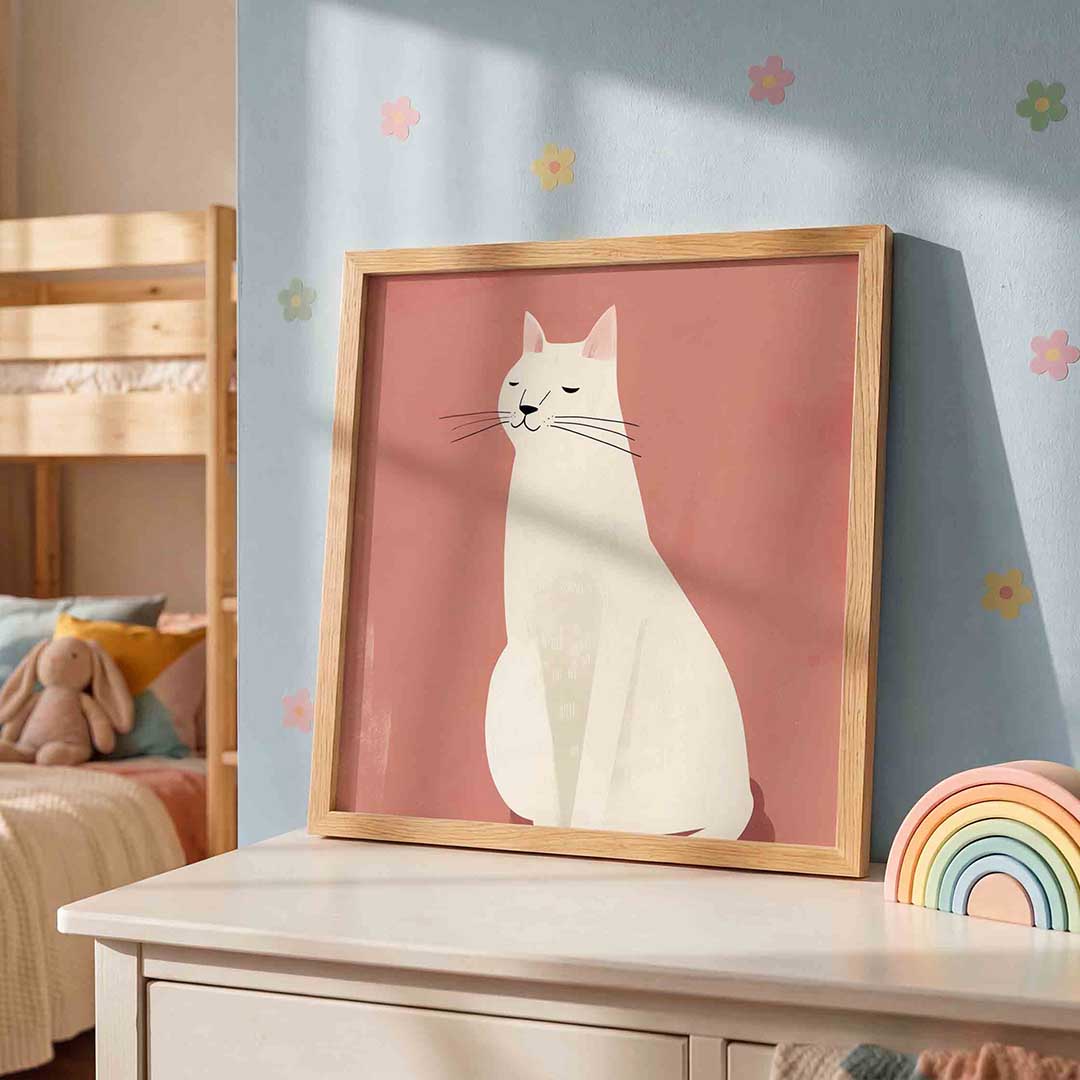 Witte kat – speelse wandkunst als vierkante kinderposter