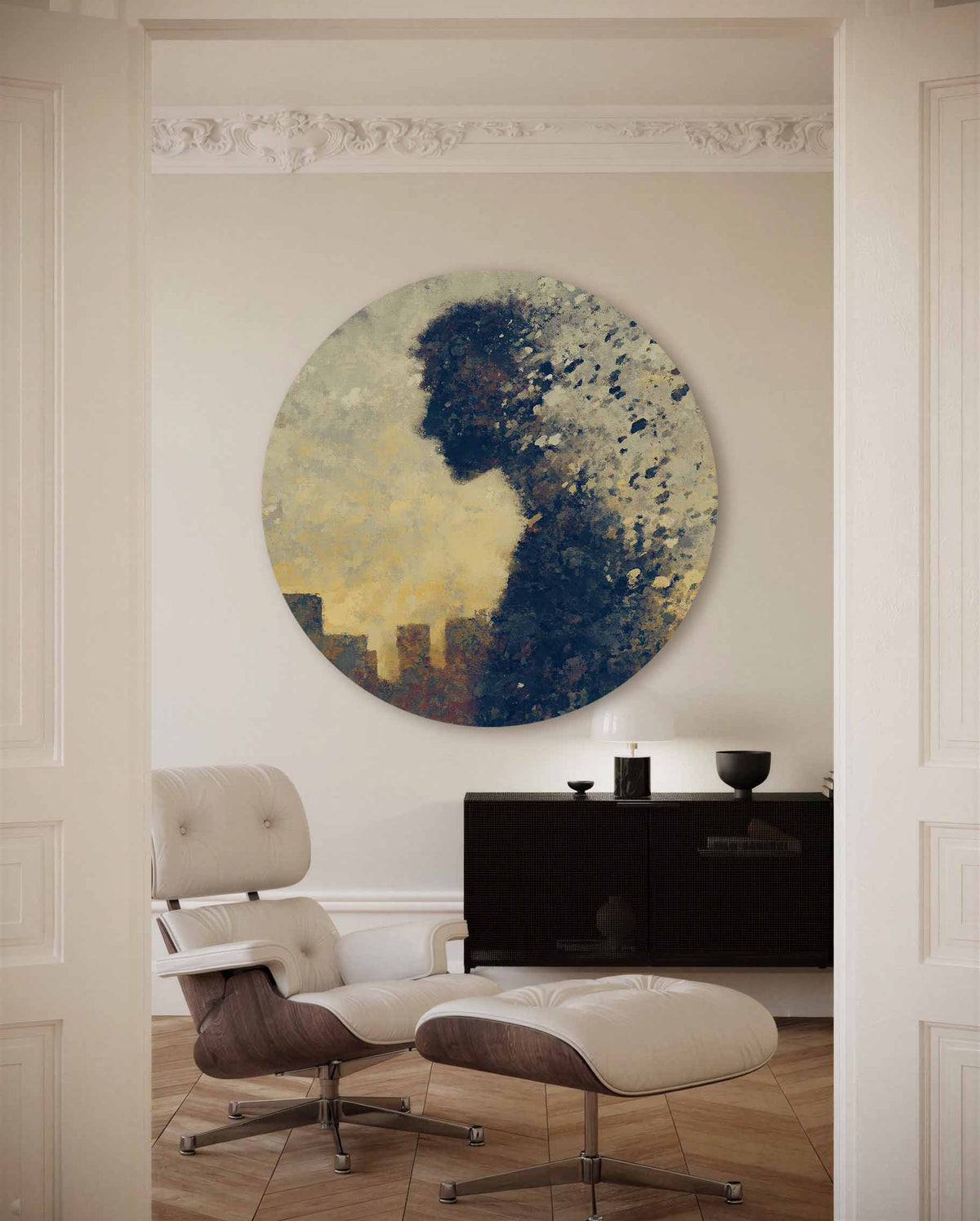 Silhouet met stadsachtergrond – portret muurcirkel als ronde muurdecoratie