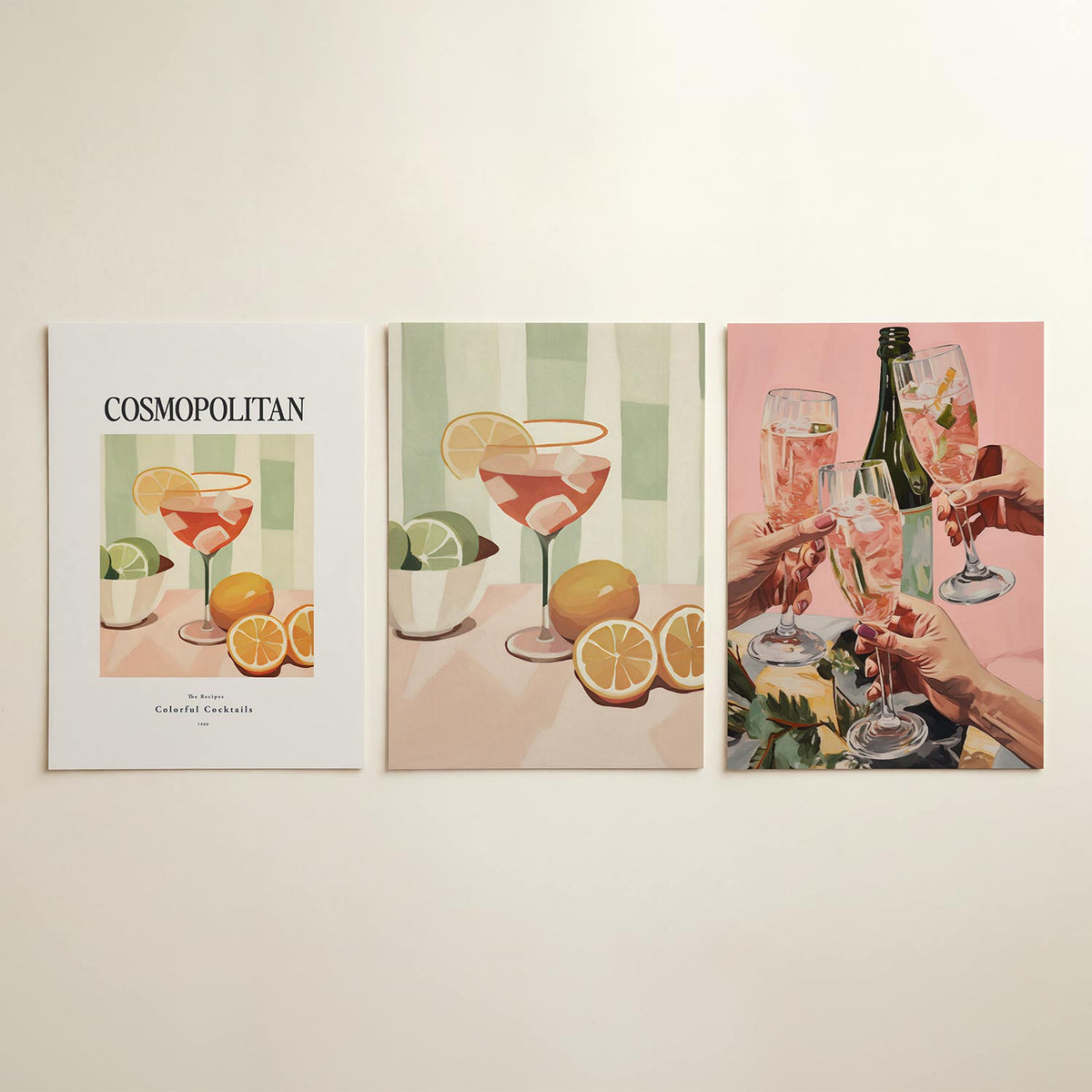 Fruitige cocktailkleuren – driedelige posterset in interieur