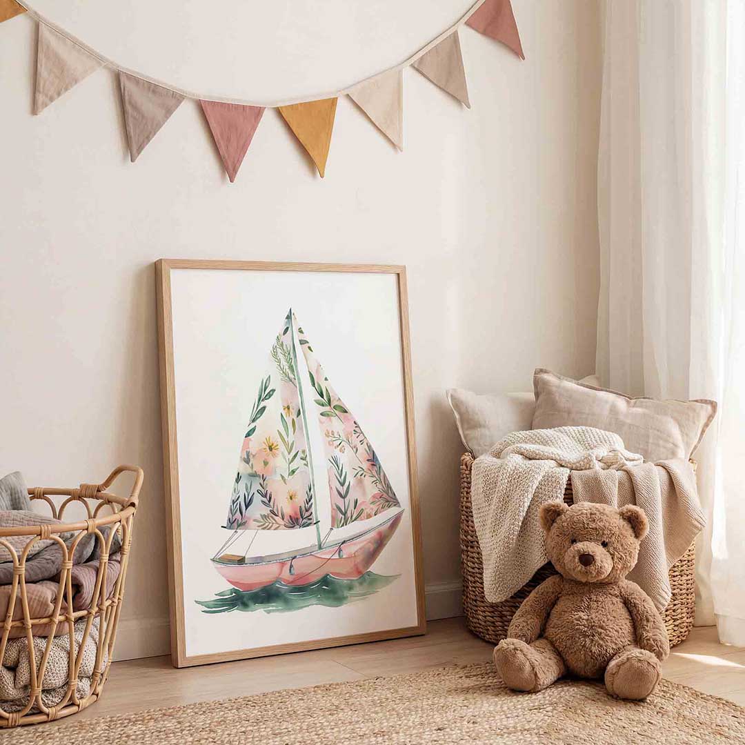 Zeilboot met bloemen – speelse wandkunst als portret kinderposter