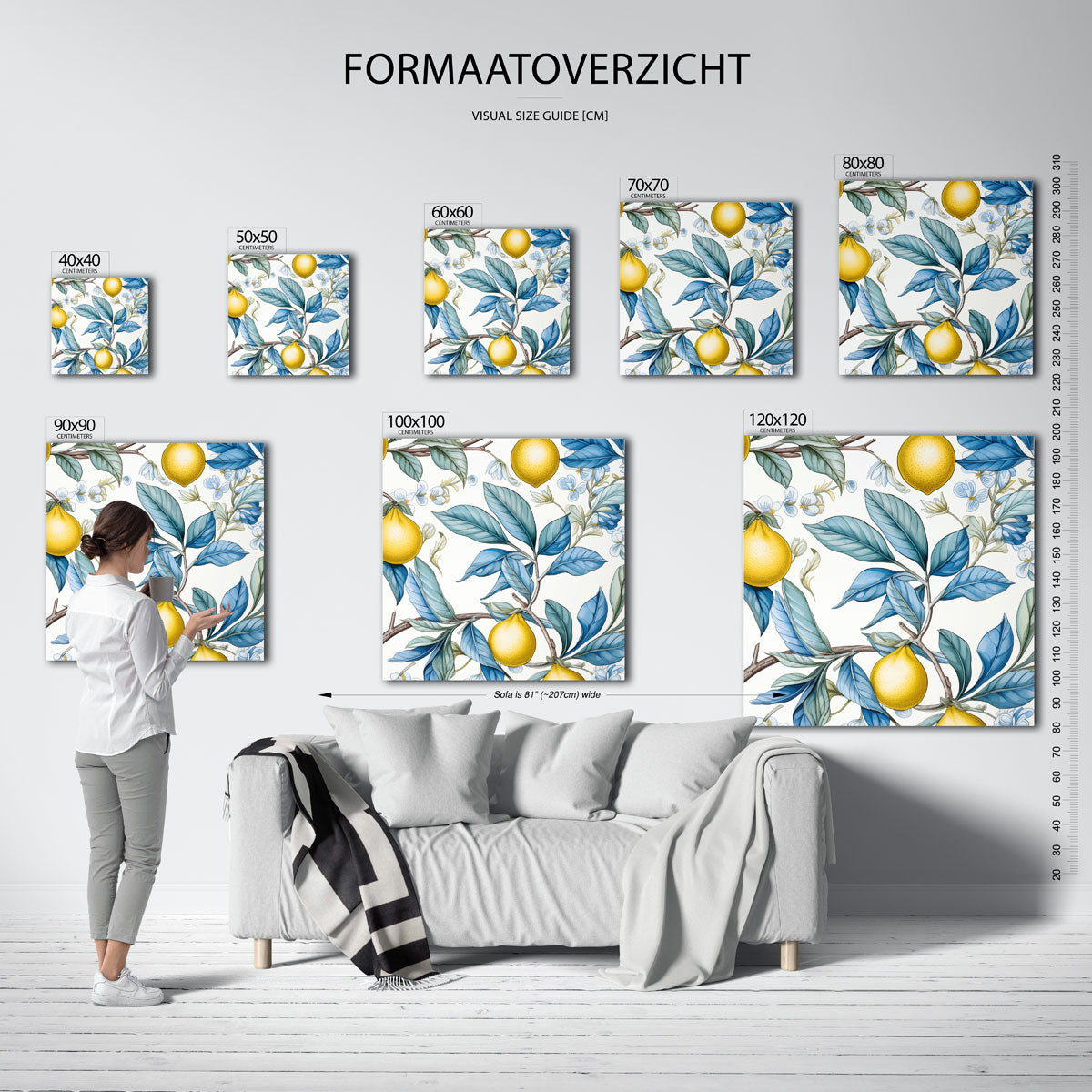 Citroenen en bladeren – vierkante muurposter voor keuken of eethoek