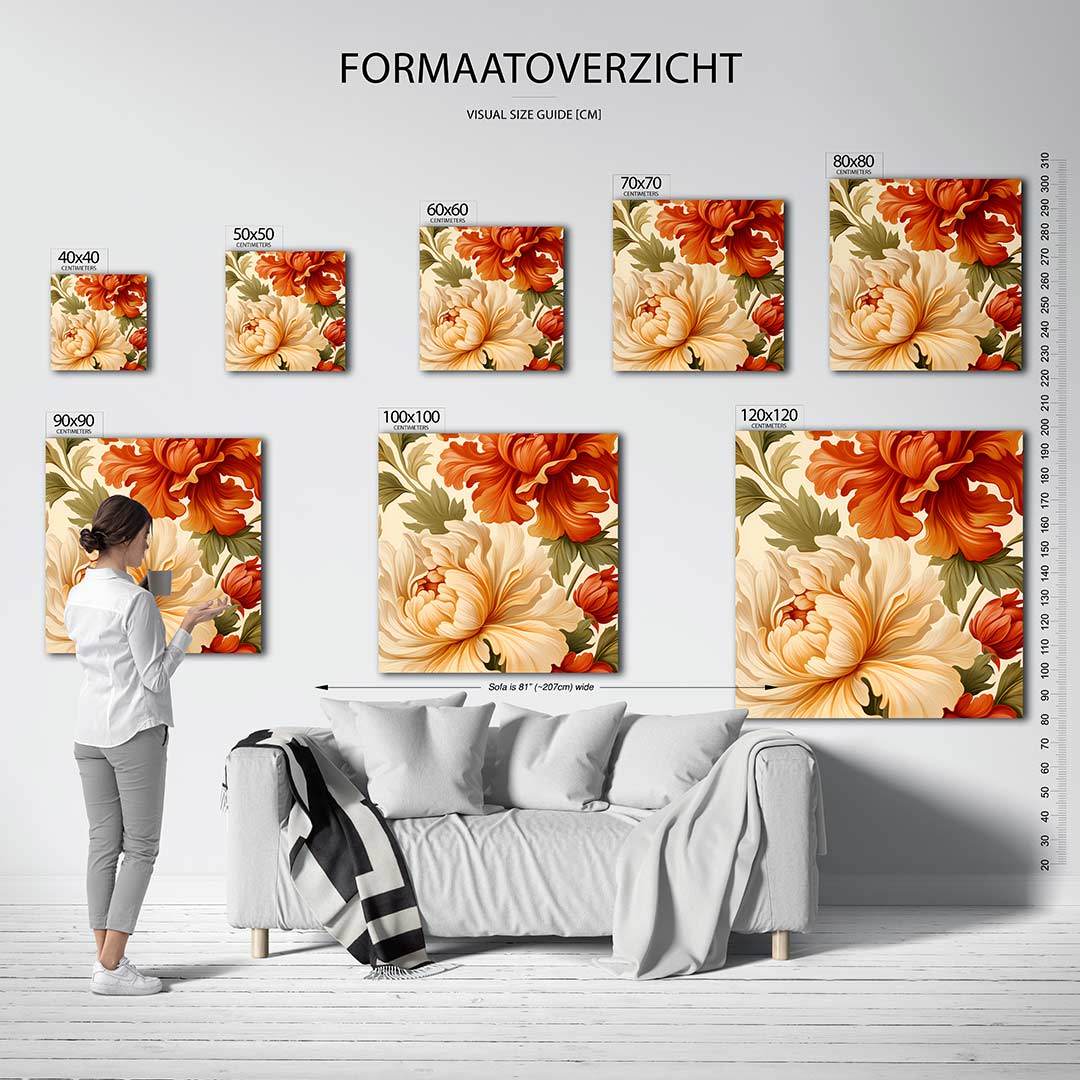 Bloemrijke compositie kunstwerk – sfeerbeeld – dit kunstwerk toont weelderige bloemen in warme tinten. De vloeiende lijnen en
